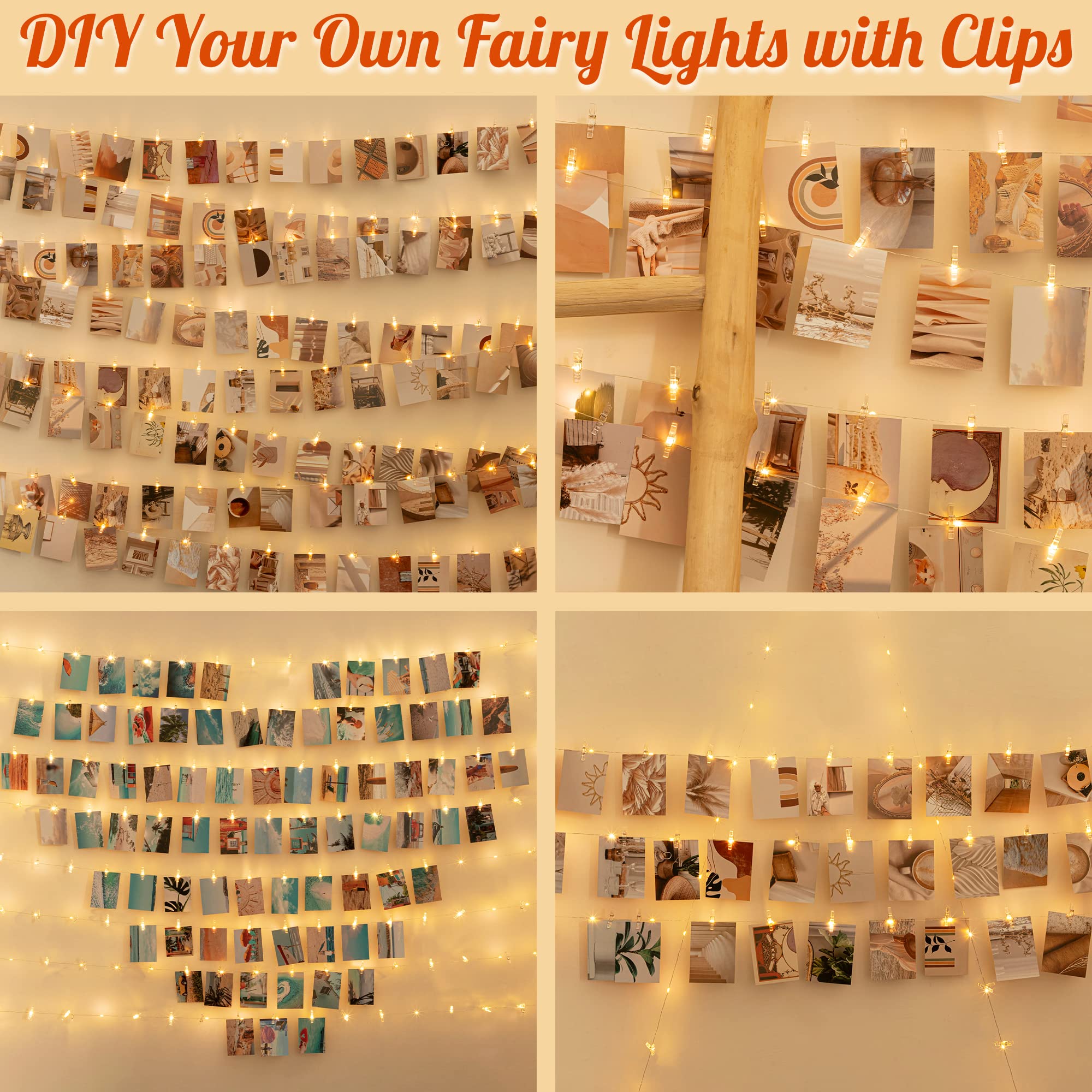 100Led Photo Clips String Light,33Ft Fairy Lights With 51Clips, Battery Operated String Lights With Clips For Pictures, Room Decorations For Dorm Wall Bedroom Wedding Christmas Tree (Clear Clips)