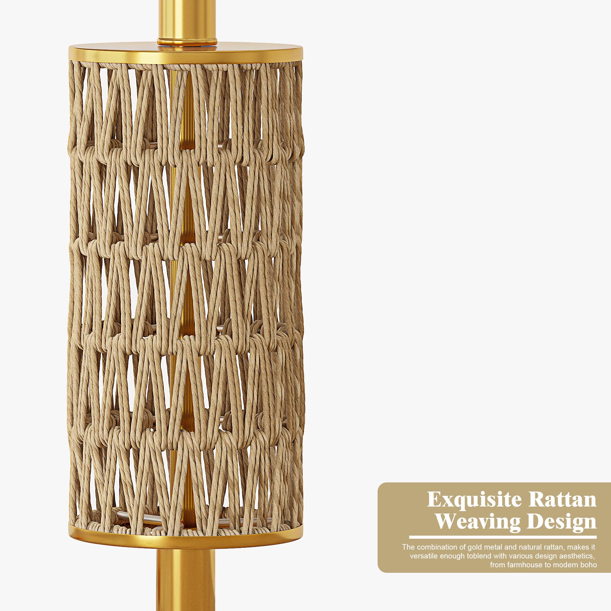 Oneach 62Modern Floor Lamp For Living Room, Gold Boho Standing Lamp With Unique Rattan Design, Rotary Switch, Farmhouse Tall Lam