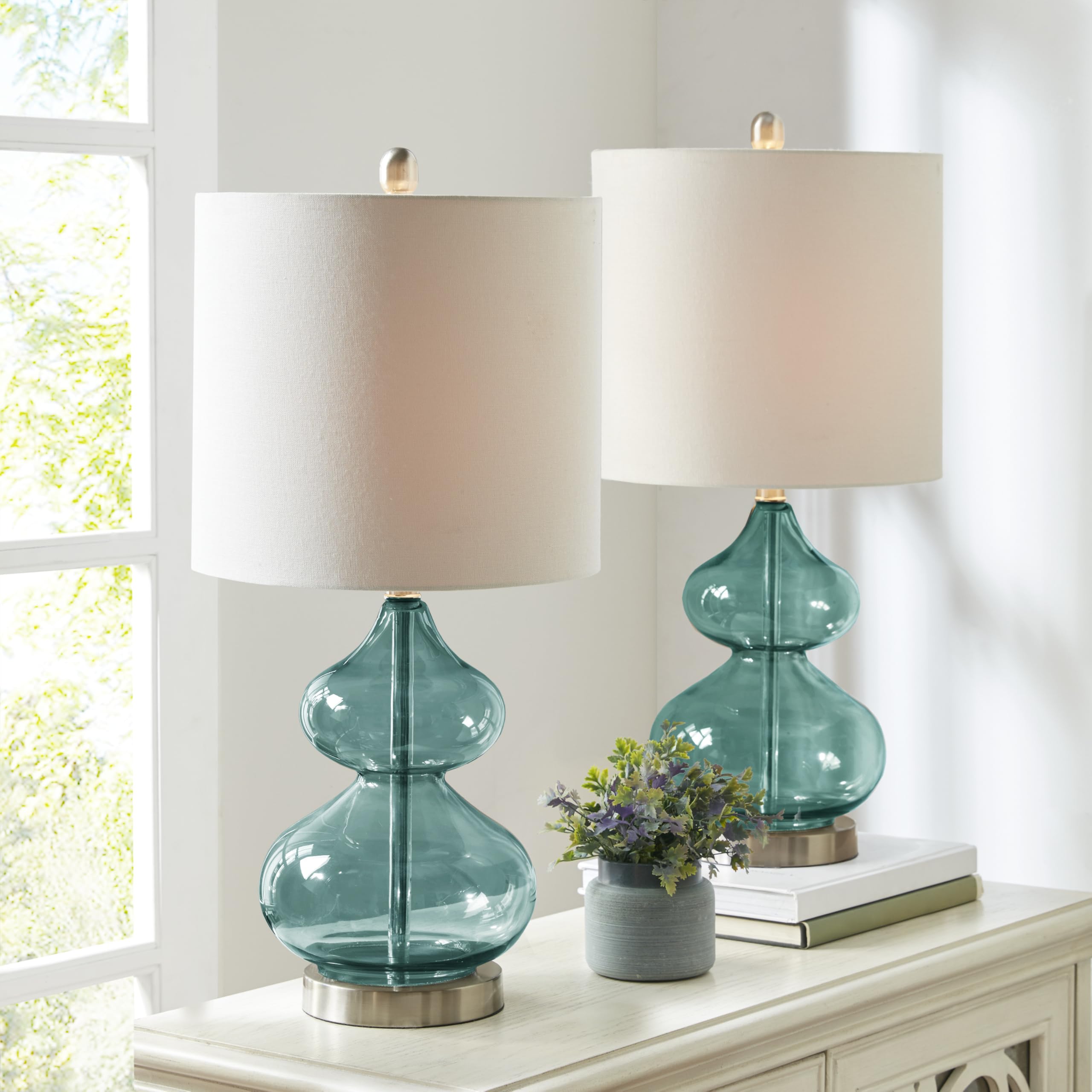 510 DESIGN Ellipse Table Lamp Set of 2, Glass, Brushed Nickel Base, 12inLx12inWx25.25inH, Blue, Model 5DS153-0018