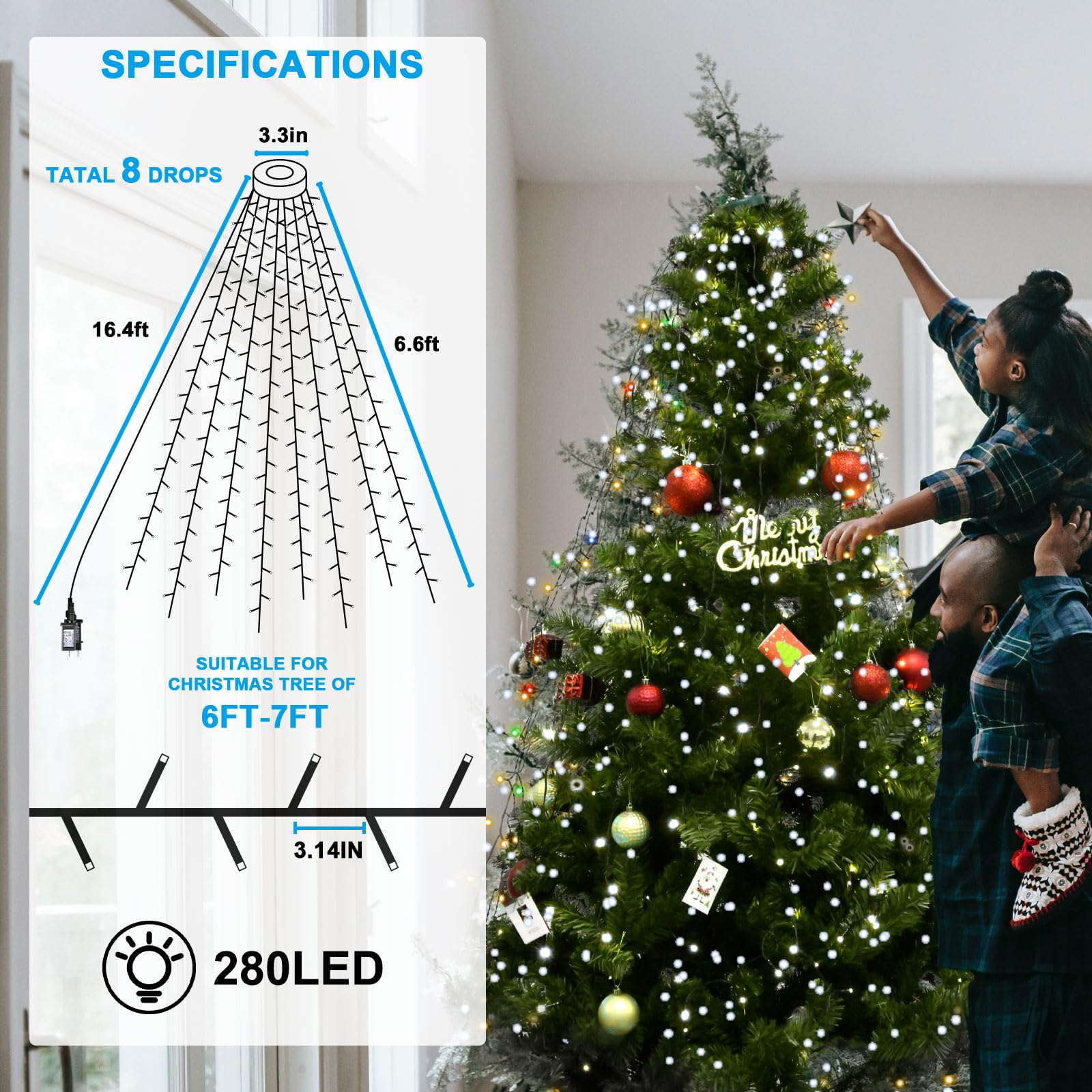 BOLWEO 280 LED Christmas Tree Lights, 8 Modes for 6ft-7ft Trees, Cool White, UL Certified Indoor/Outdoor Decor, Model SW-LSL-02-280