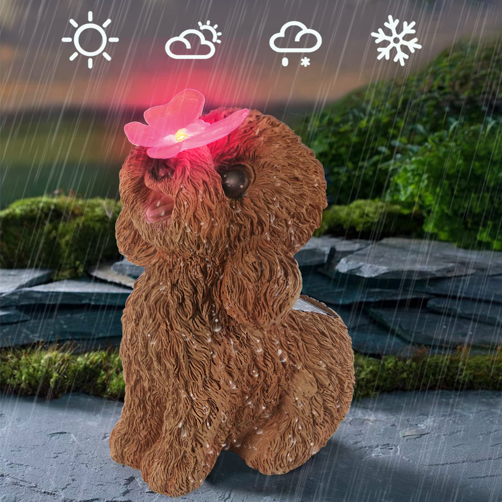 PaLuQiYa Dog Statues Outdoor Decor - Solar Resin Dog Ornaments for Garden, Patio, Lawn - Teddy Color, Ideal Housewarming Gift