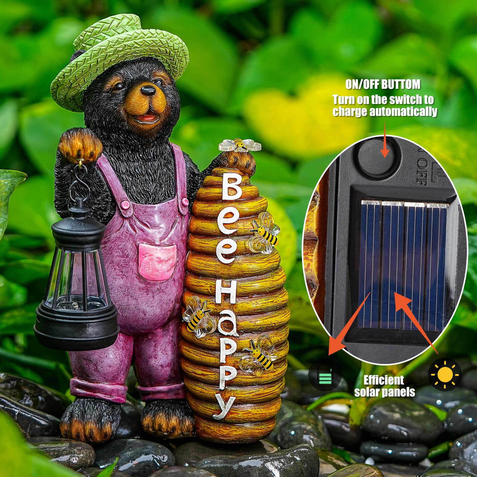 Joint Honglin Solar Adorable Bear Garden Statue with Beehive and Lantern - Bee Happy    Resin Outdoor Decoration for Yard, Patio