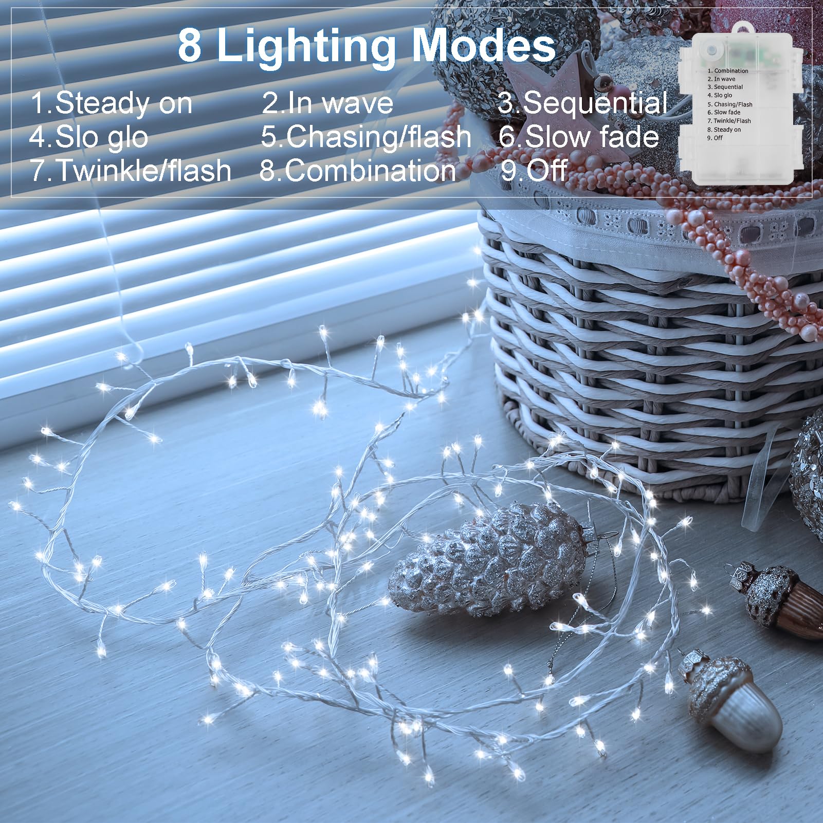 2 Pack Cluster Fairy Lights Battery Operated, Total 20Ft 400 Led Christmas Lights String With Timer 8 Modes Firecracker Fairy Li