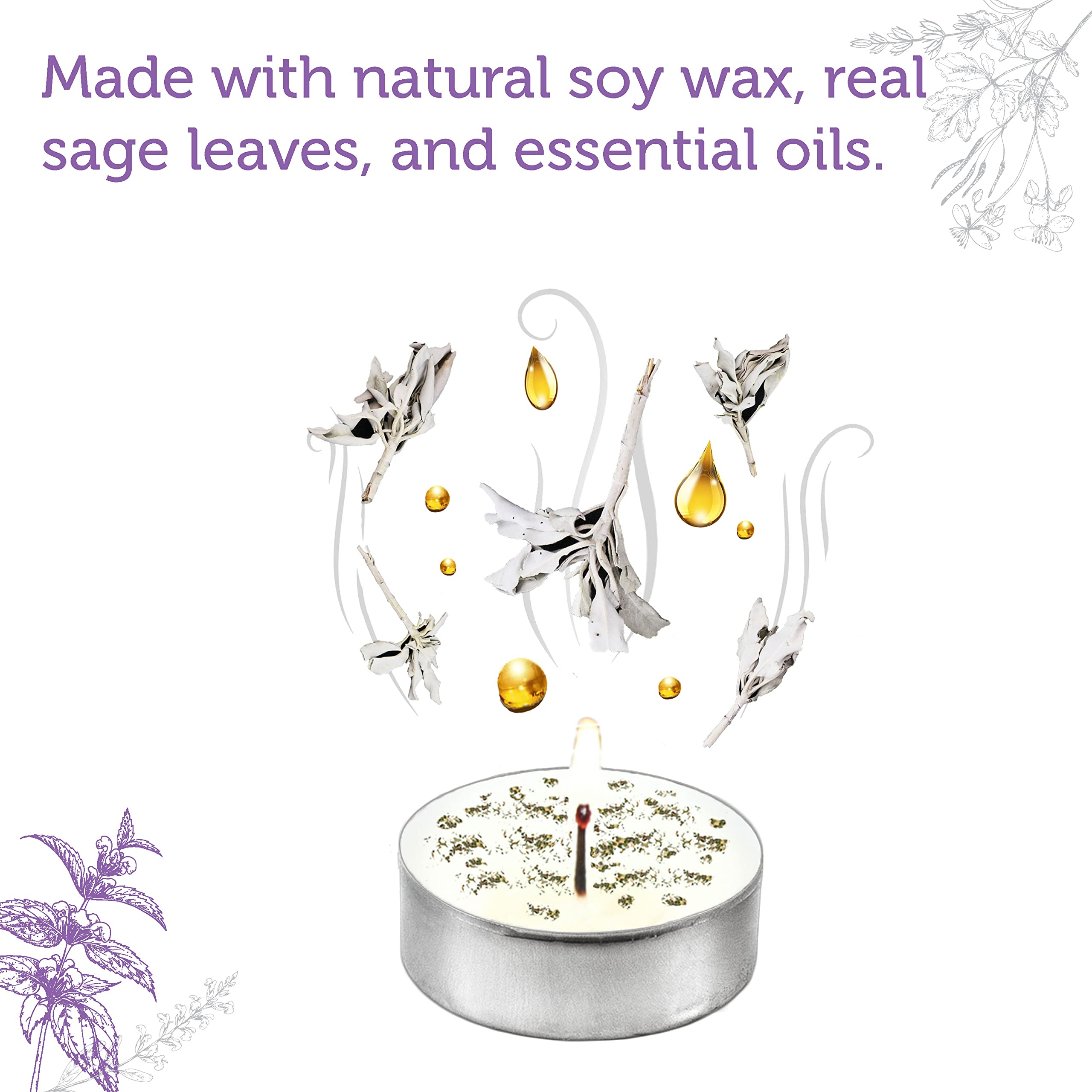 Soul Sticks 12 Pack Little Smudgies Tealight Candles - White Sage & Lavender, Wax, Cleansing, Meditation, Chakra Healing, Model LM-9194
