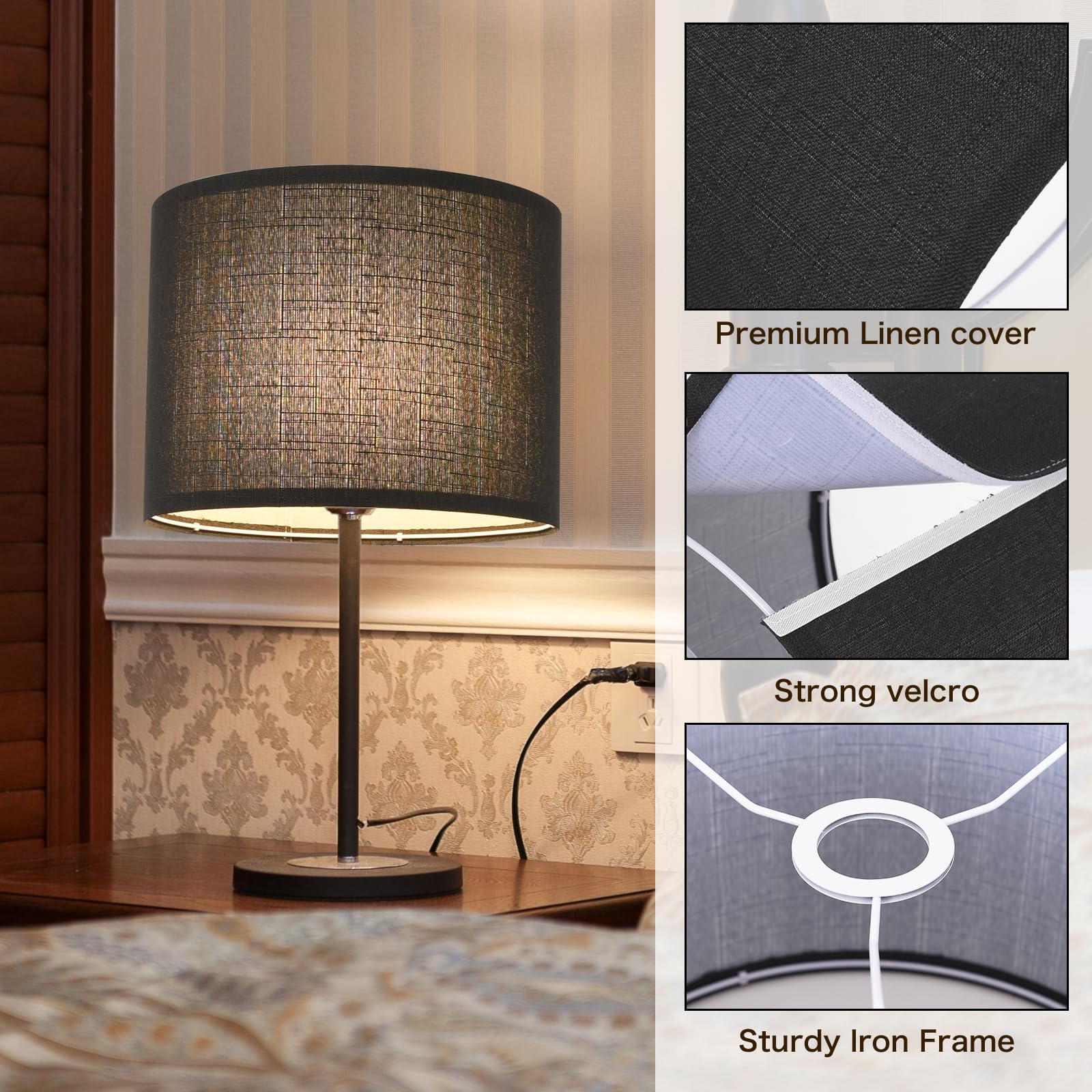 Black Lamp Shade, Large Drum Lampshade 13In Top X 13In Bottom X 10In High, Replacement Lamp Shade Natural Linen Hand Crafted For