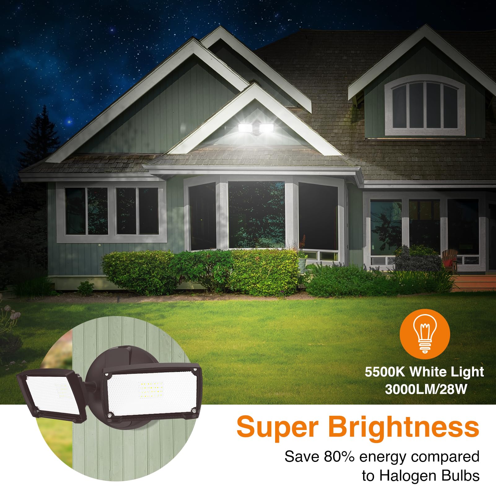 LEPOWER 3000LM LED Flood Light, 28W Outdoor Security Light, 2 Adjustable Heads, IP65 Waterproof, Brown, Model YY01D-BR