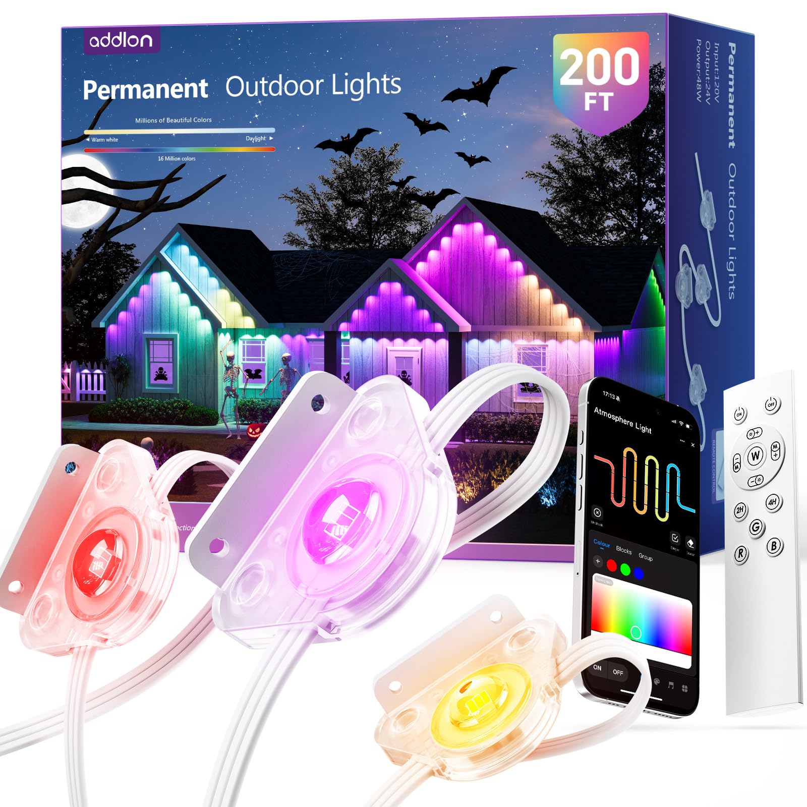 addlon 200FT RGB+IC Smart LED Outdoor Lights, IP67 Waterproof, Plastic, White, Model USET-200FT100LED-B-243C