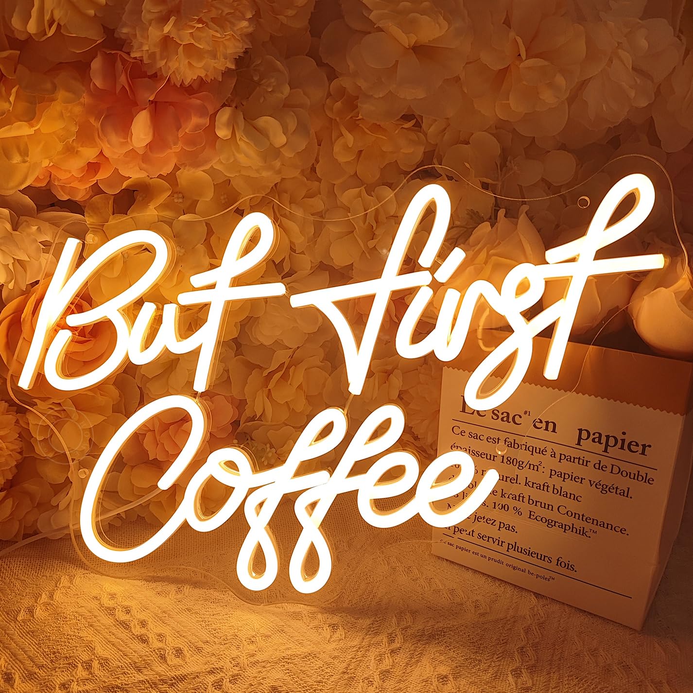SYLHOME Neon Light Sign, inBut First Coffeein, Warm White, USB Powered, 17in x 10.2in, Model NS-ZF12V-AMZ-ButFirstCoffee-WW
