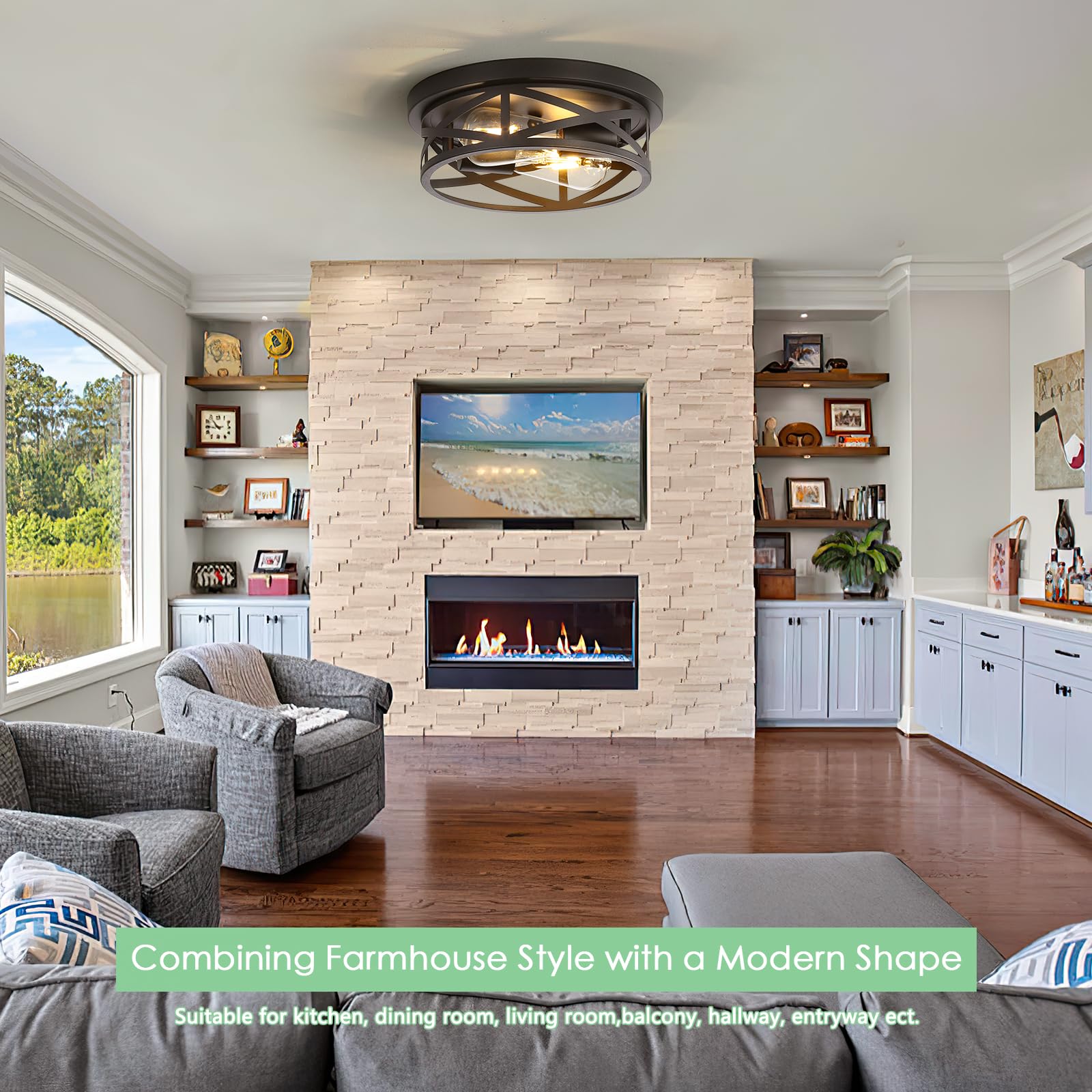 Youroke Black Flush Mount Ceiling Light 2-Pack, Industrial Metal Cage Semi Flush Mount Ceiling Light Fixtures, 11 Inch Farmhouse