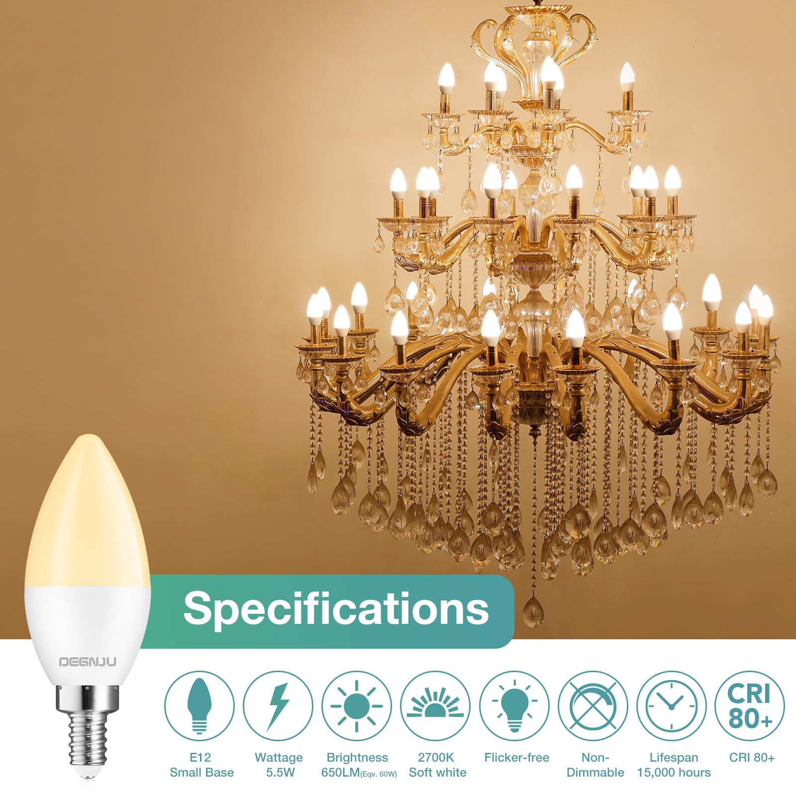 Degnju 20 Pack Led Candelabra Light Bulbs 60W Equivalent, Chandelier Light Bulbs Soft White 2700K, E12 Led Bulb, Type B Light Bu