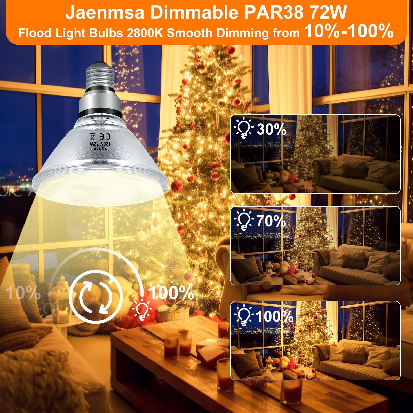 Jaenmsa PAR38 Halogen Flood Light Bulbs 72W Dimmable Warm White 2800K E26 Base 3420 Lumens, 2-Pack for Indoor/Outdoor Use