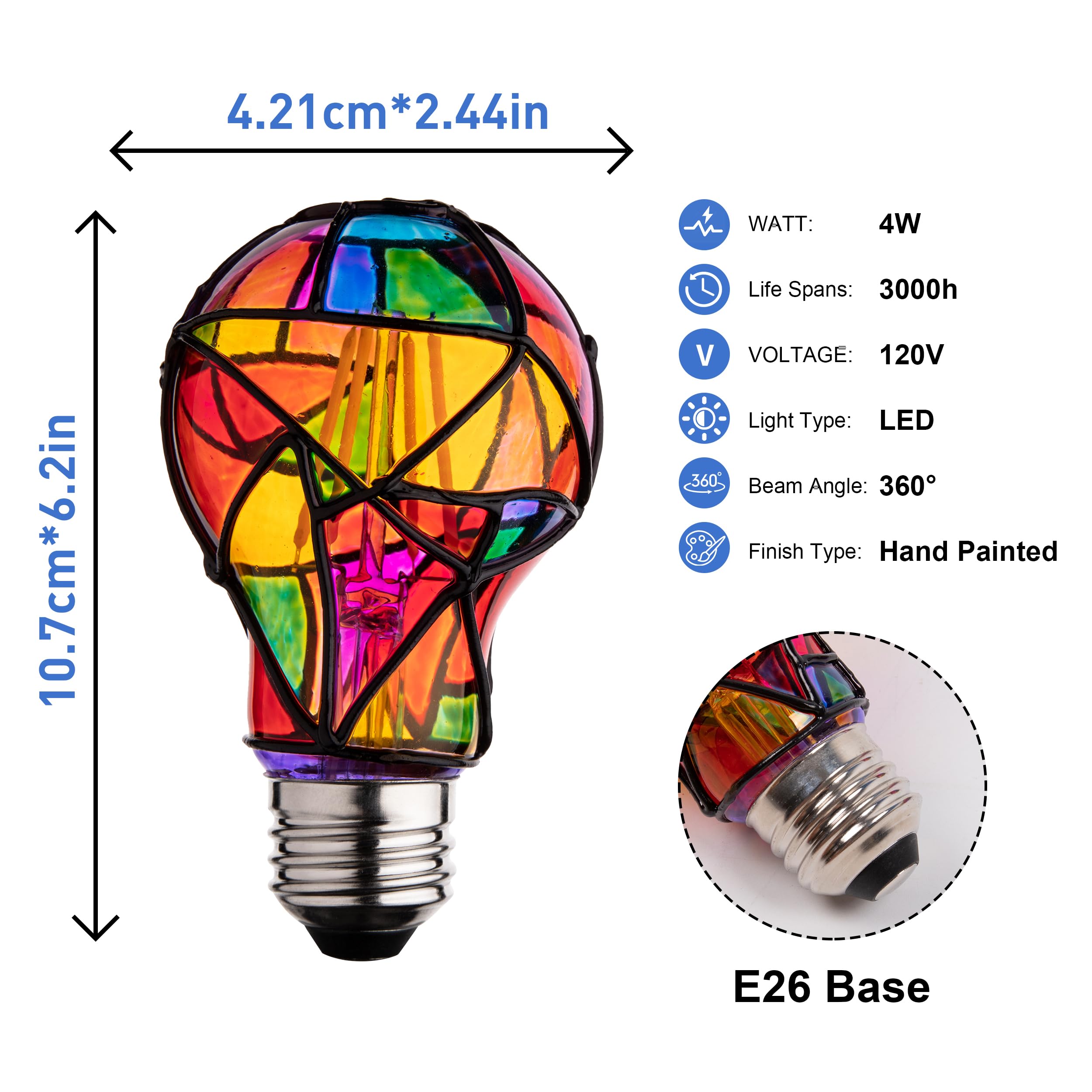 CybaaLuxzus Stained Glass Light Bulb, 4W Indoor Rainbow Mosaic, Colorful Decorative A60 2pack Hot