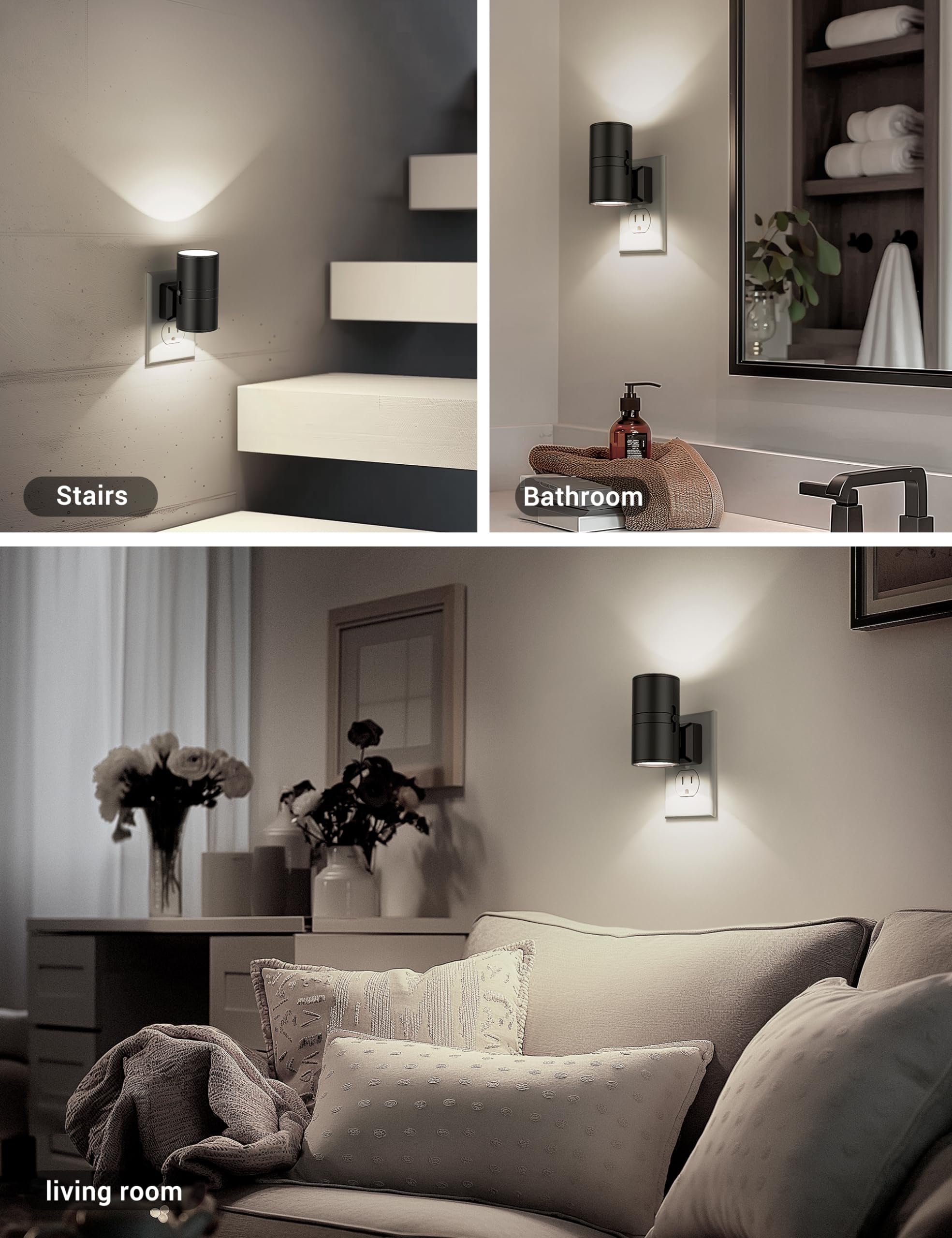 JandCase Dimmable Night Light Plug-in with Dusk to Dawn Sensor, Soft White 5000K, Adjustable Brightness, 2 Pack, White - Black Shade