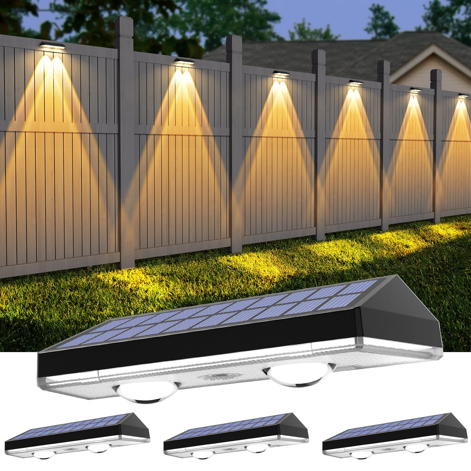 Solar Fence Lights ,Warm White & Cold White & Mixed Color 3 Modes Bright Lens Led Dusk To Dawn Deck Light, Fence Solar Lights Outdoor Waterproof,Solar Outdoor Lights For Backyard/Railing/Wall (4Pack)
