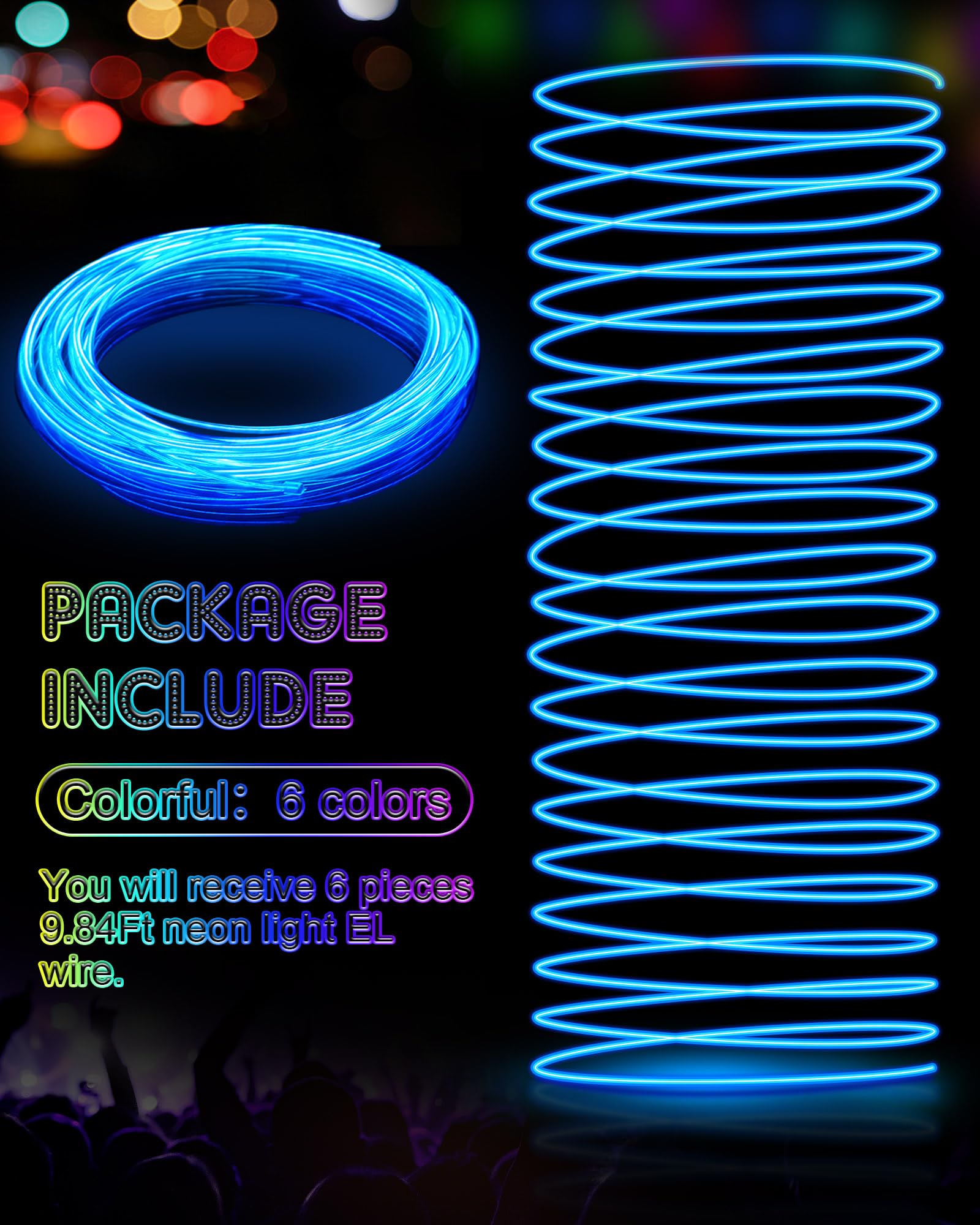 6 Pieces El Wire Portable El Wire Neon Lights Wearable Led Lights Electroluminescent Wire Battery Operated Glow Wire Neon El Wire Led Lights For Diy Costume Halloween Christmas Decorations(9.84 Feet)