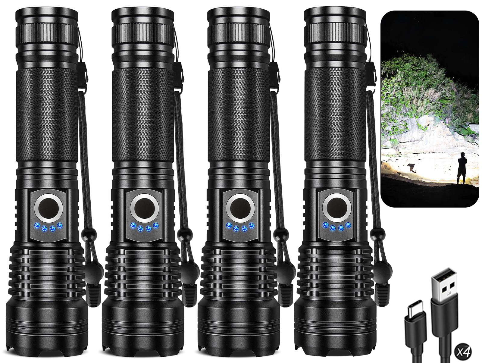 ALSTU 4 Packs Flashlight Rechargeable, 990,000 High Lumens Bright Flash Light, 5 Modes Adjustable Linternas, Powerful Handheld L
