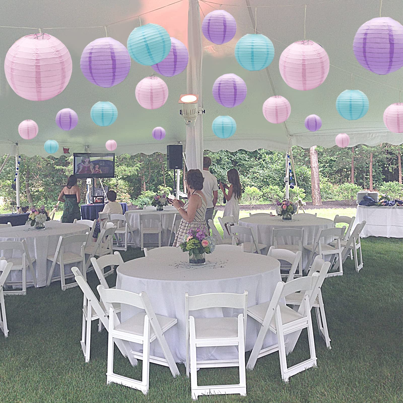 Paper Lanterns Party Decorations, Pink Purple Blue Round Hanging Lantern For Mermaid Theme Girl Birthday Party Wedding Baby Show