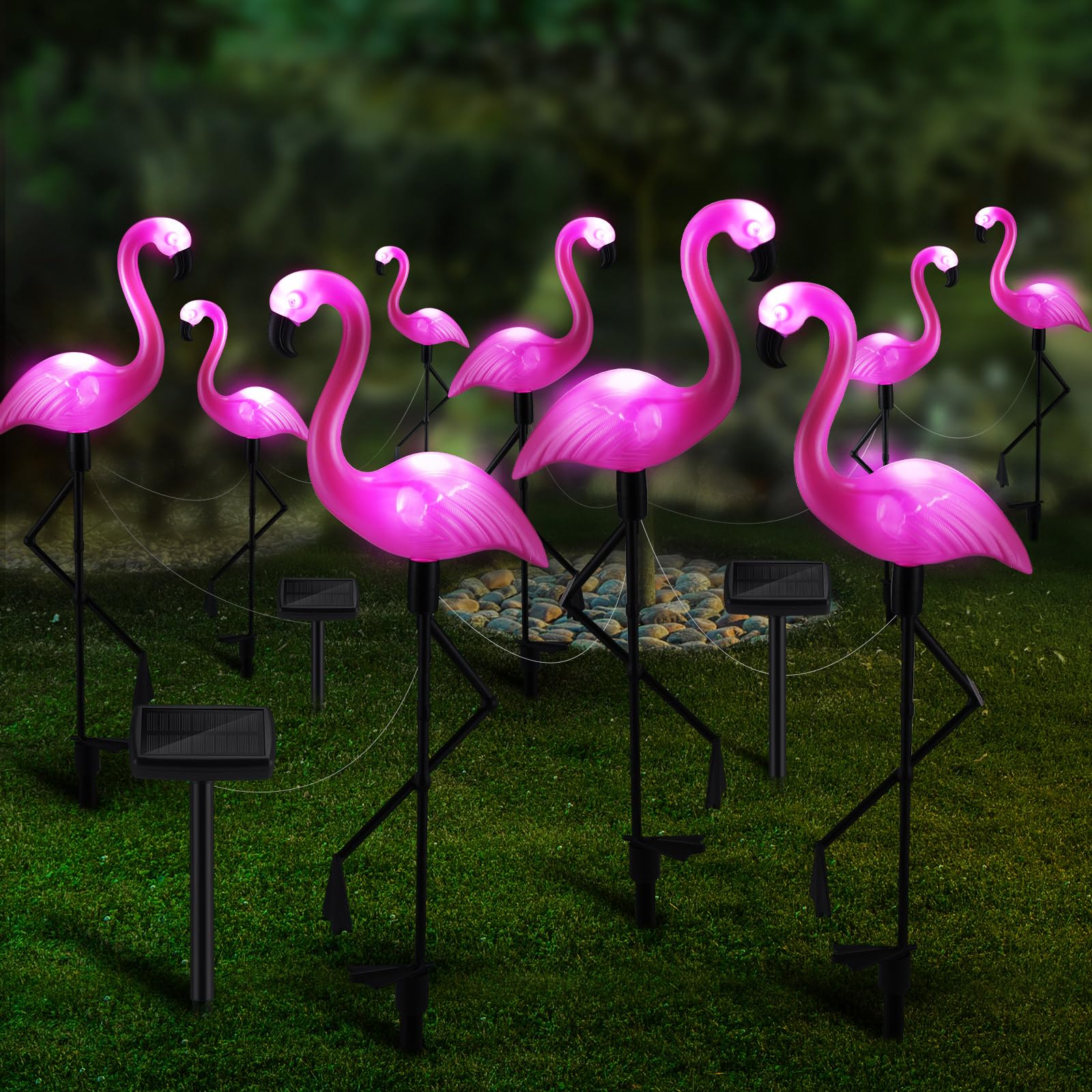 Geelin 9 Packs Pink Flamingo Solar Outdoor Light Decoration IP55 Waterproof Flamingo Solar Stake Lights LED Solar Powered Pathwa