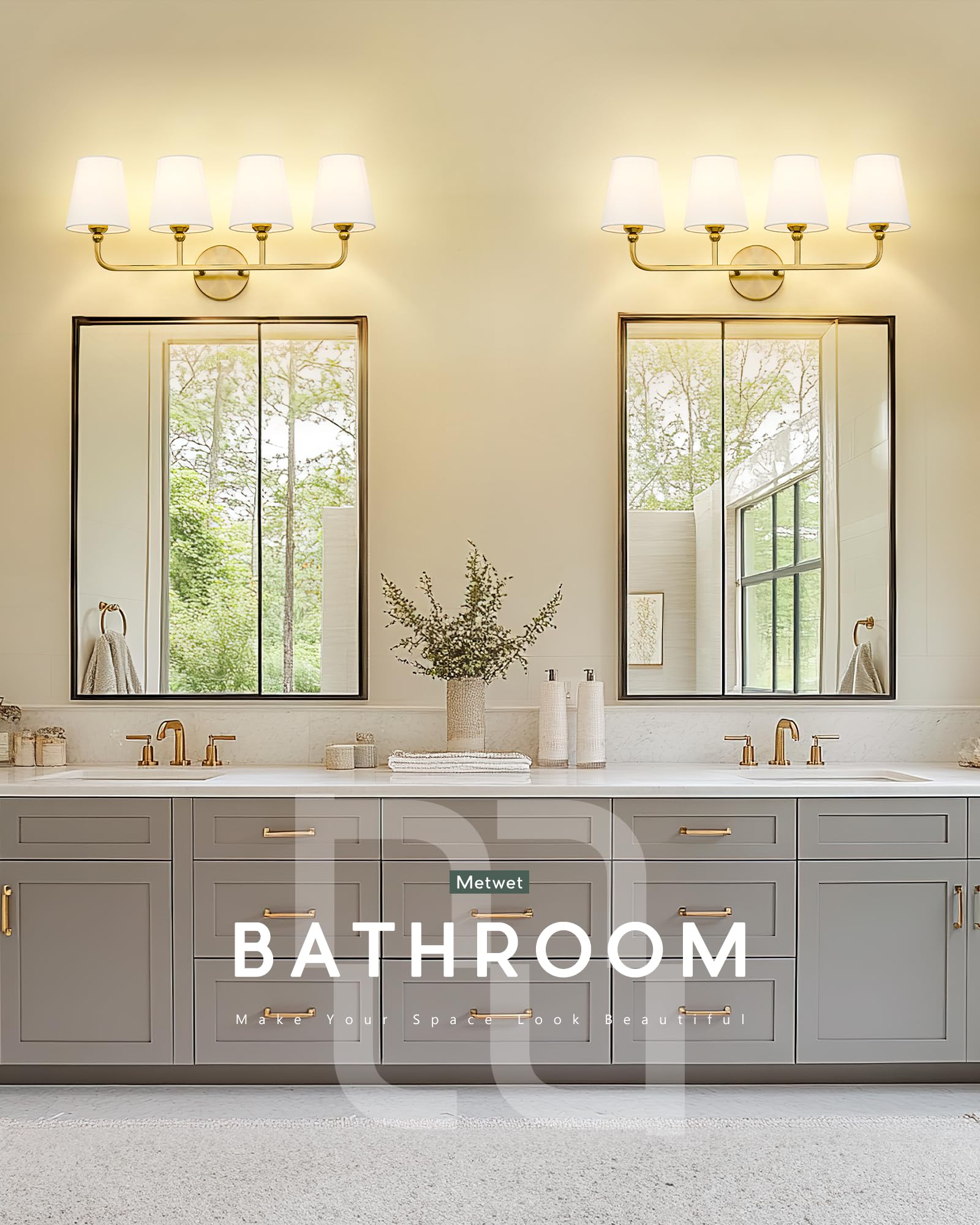 METWET 4-Light Bathroom Vanity Light, Brushed Gold Metal Sconces with White Fabric Shade, Model VL837-BG-4, Modern Design for Hallway/Bedroom