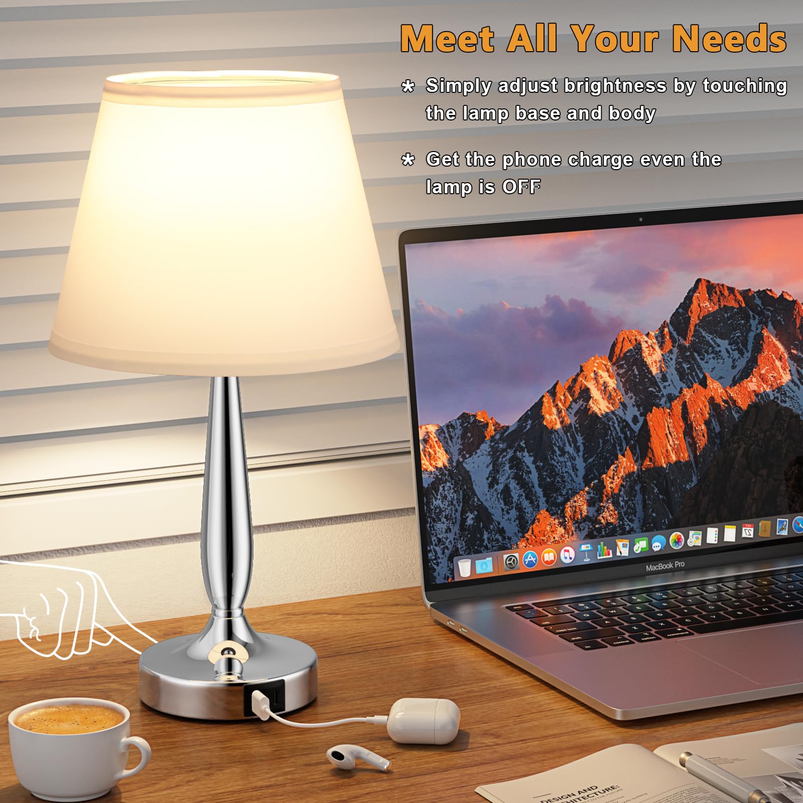 Kakanuo Touch Table Lamp - 3 Way Dimmable, USB C Charging, Small Size, White Shade, Silver Base, Model b53f05e9-8fa0-4