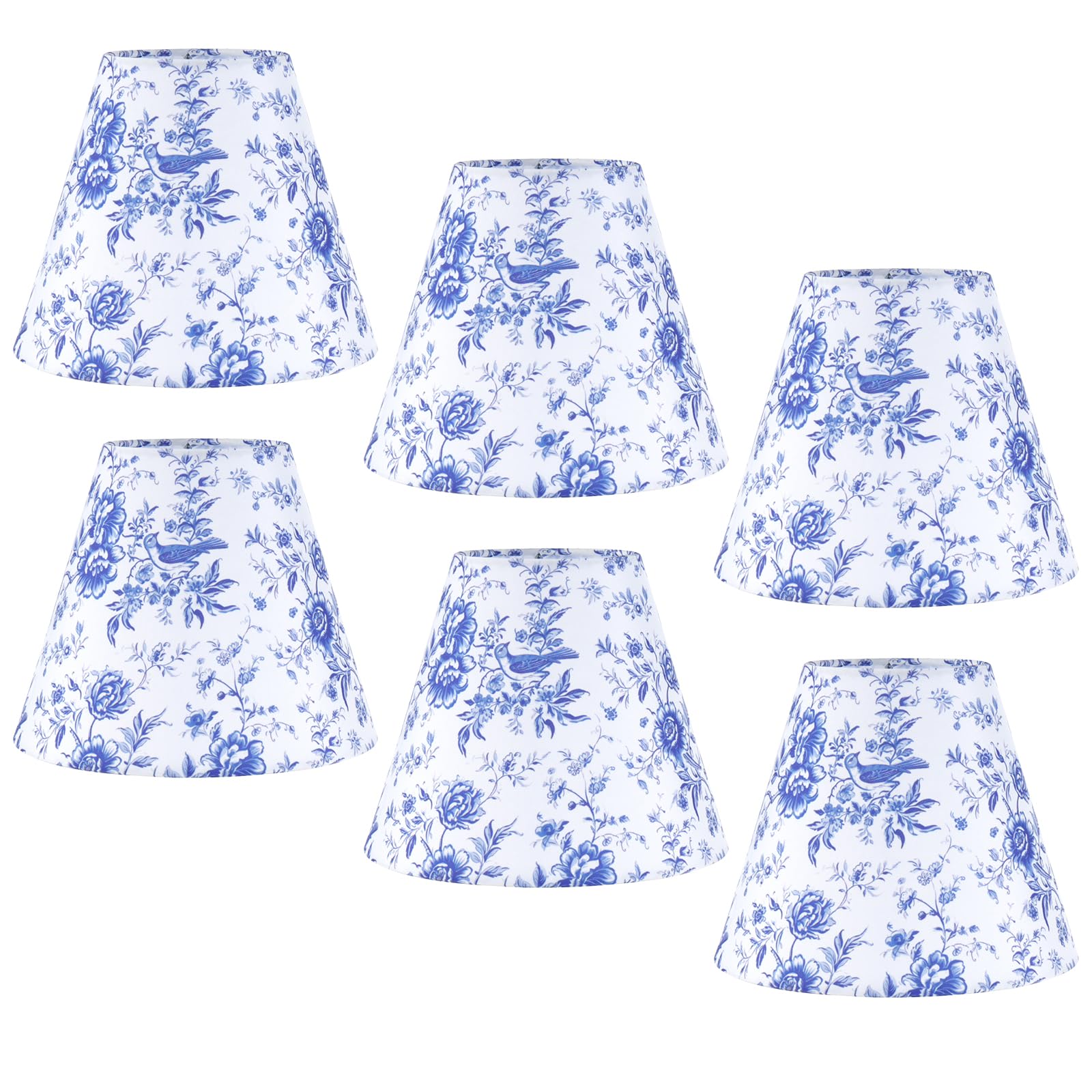 6 Pcs Chandelier Shades Small Chinoiserie Lamp Shade Toile Clip Bulbs Lampshade Blue Floral Lamp Chimney Cover Decorative Countryside Chandelier Lamp Shade (3 x 6 x 5 Inch)