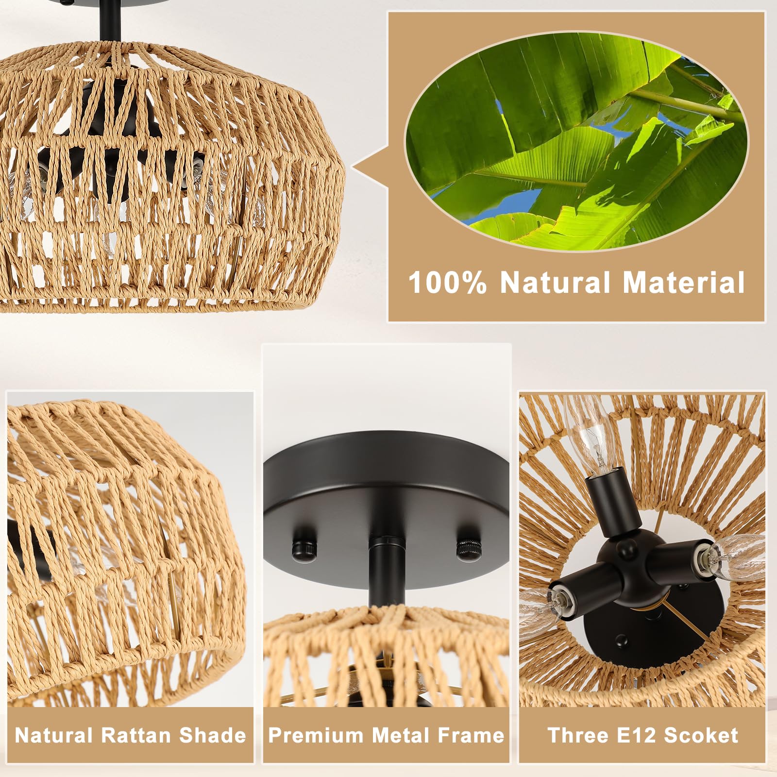 Foucasal Rattan Light Fixtures Ceiling Mount, 3-Lights Boho Semi Flush Mount Ceiling Light, Farmhouse Woven Ceiling Lighting, Ru