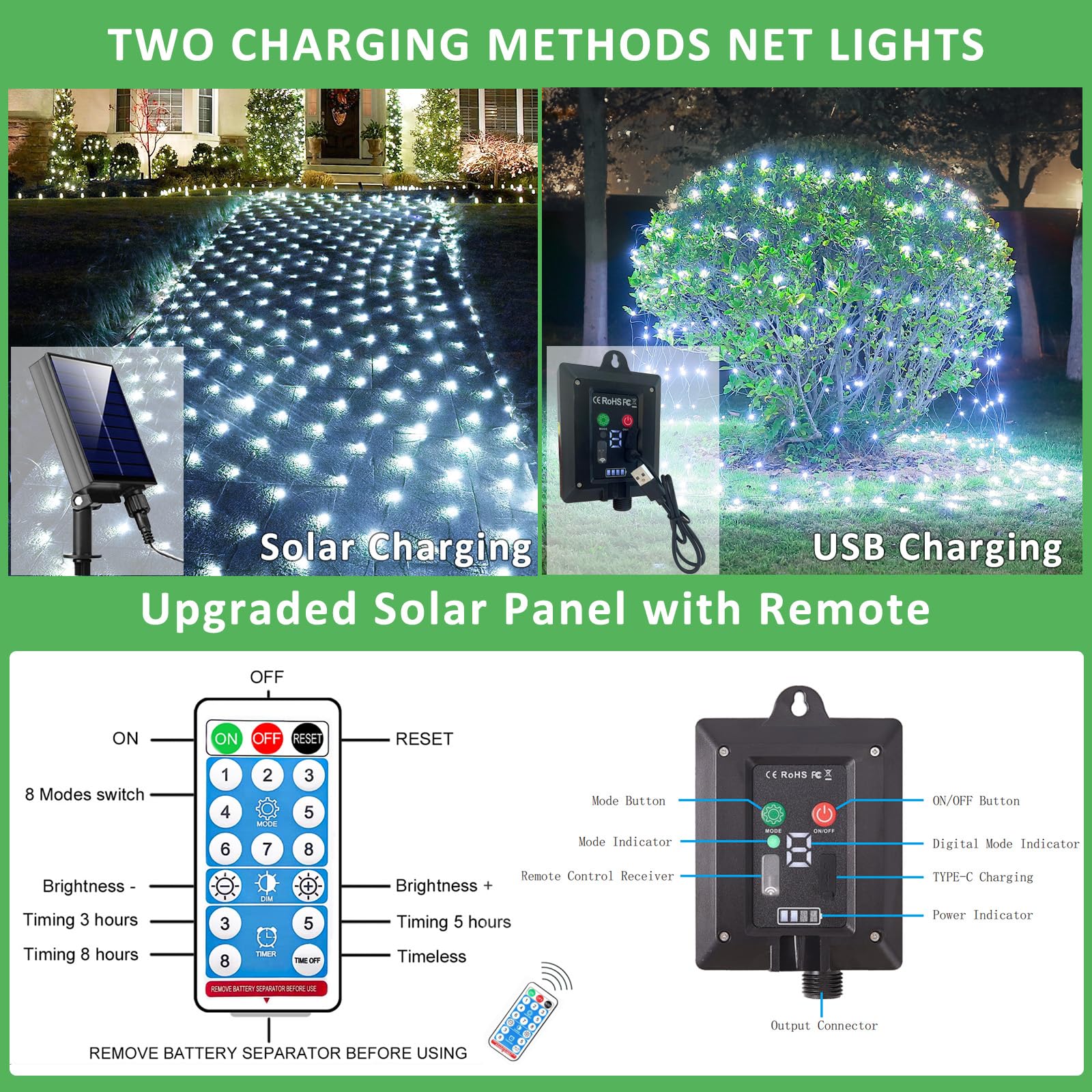 11.5ft x 5ft Solar Net Lights Outdoor, Solar & USB 2 Power Way 240 LED Waterproof Mesh Lights for Bushes, Remote Control 8 Modes