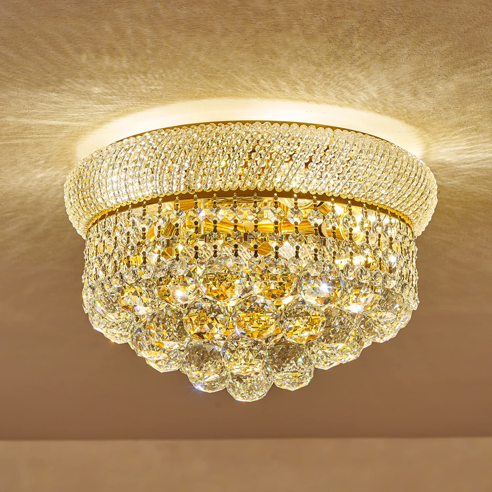 Homeooze 14" Gold 5-Light Crystal Flush Mount Chandelier for Bathroom, Hallway, Entryway, Bedroom, Model FM001