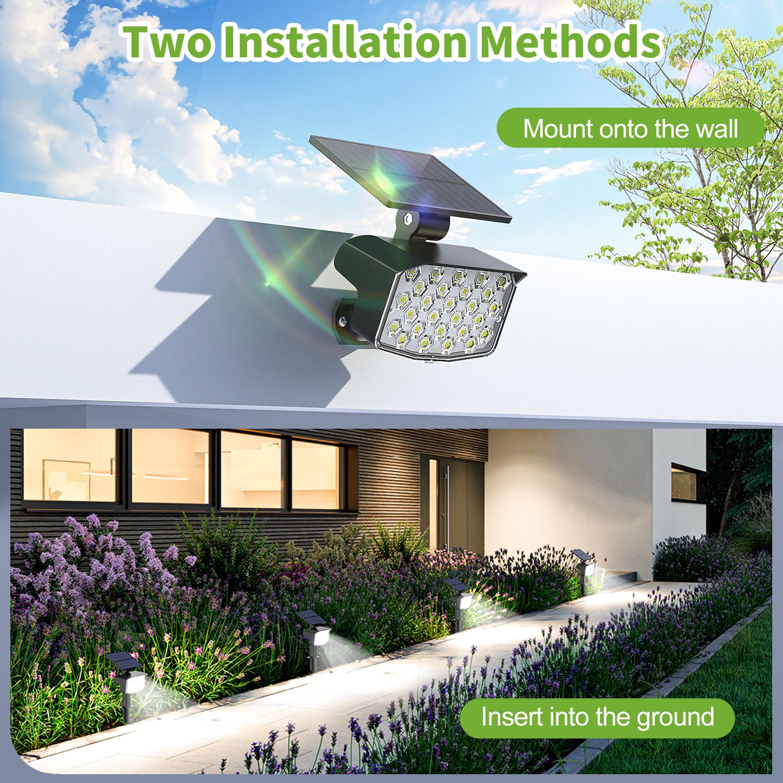 MinPea Solar Spot Lights Outdoor, 27 LED, Waterproof IP65, 3 Lighting Modes, 2 Pack, Cool White