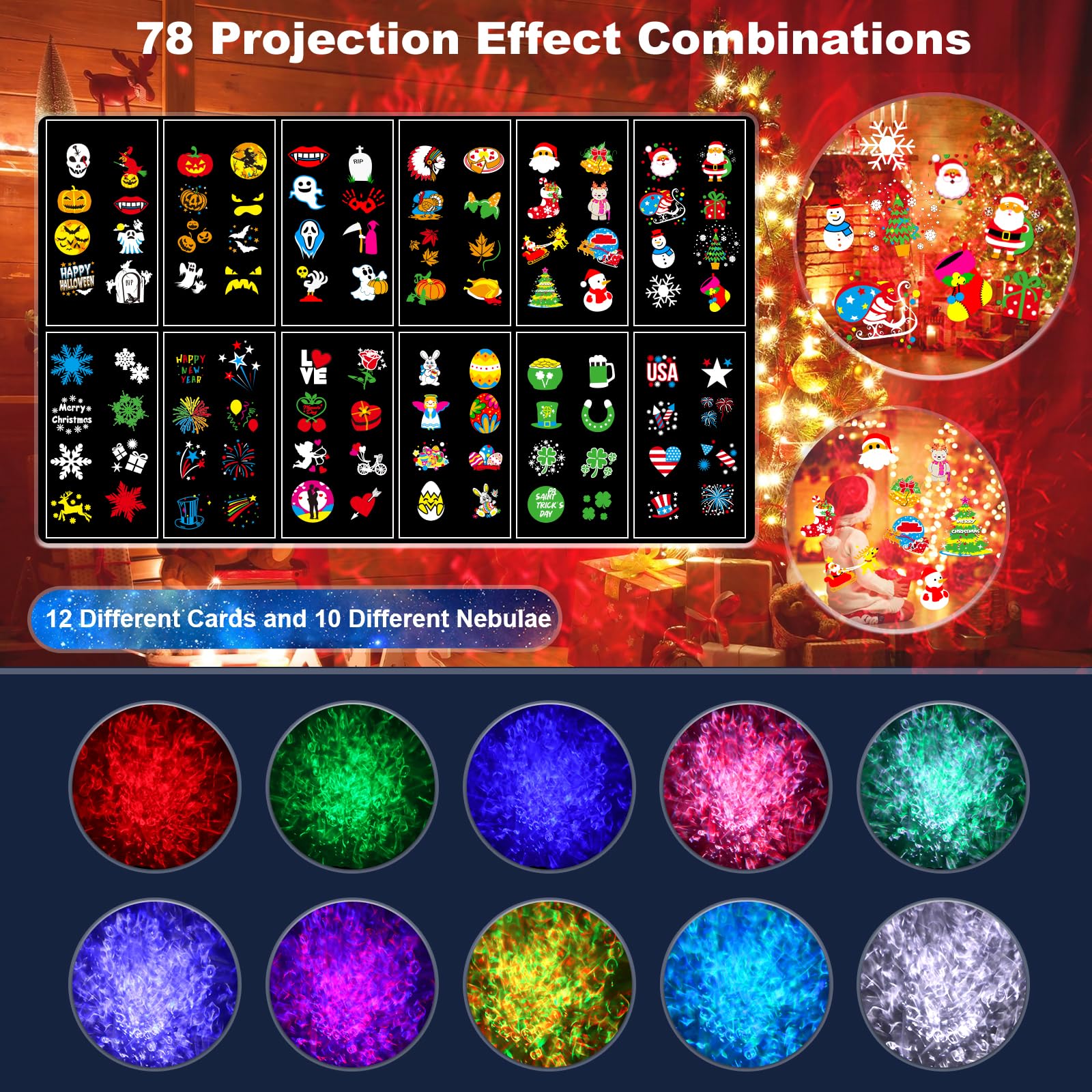8-Pattern Christmas Projector Lights Outdoor 2-In-1, Holiday Projector Lights Outdoor 26 Effects (Projection Card + 3D Ocean Wav