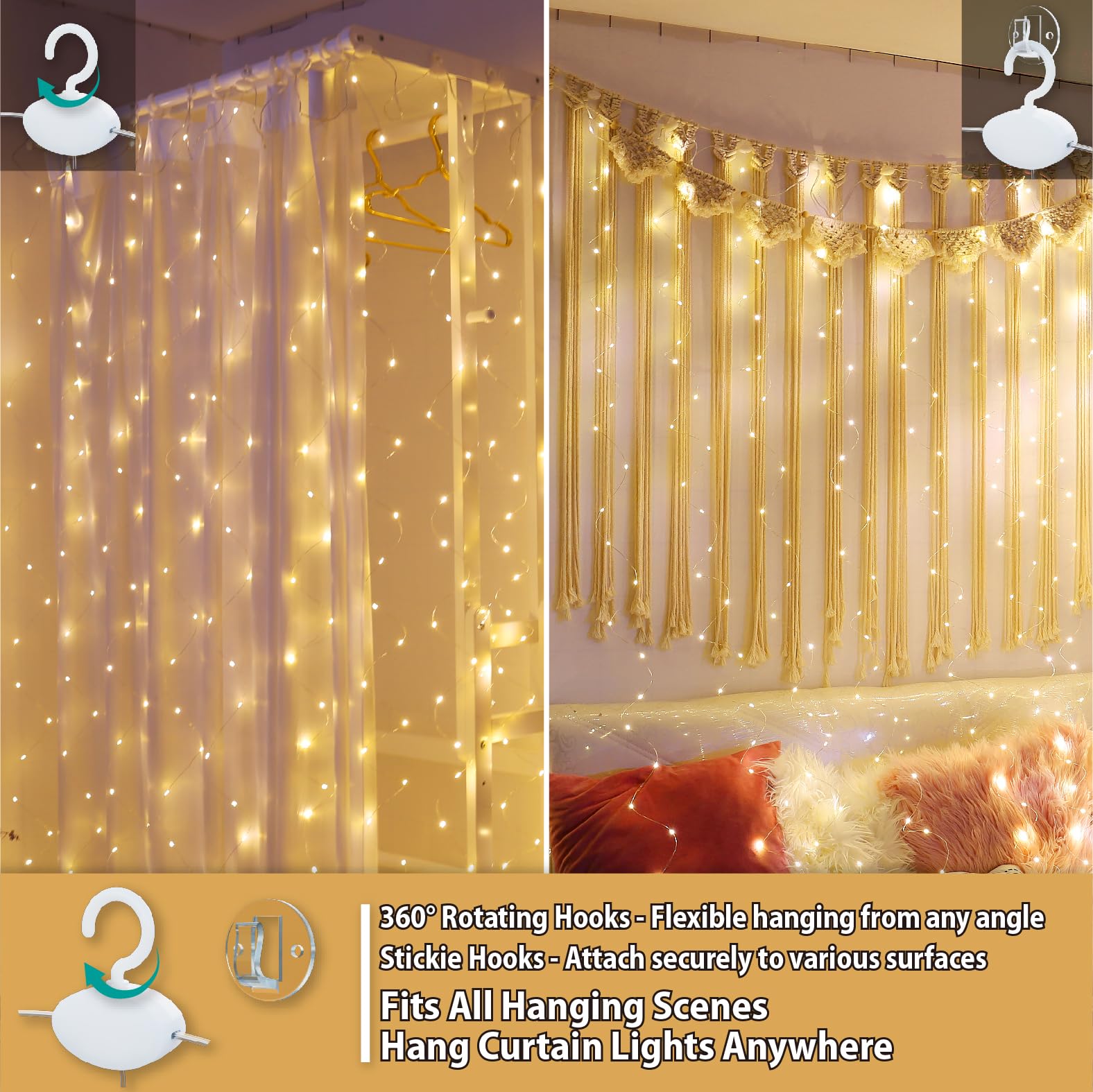 HXWEIYE Fairy Curtain Lights, 300LED, USB Plug, 8 Modes, 9.8x9.8Ft, Warm White, Copper Wire, Model HY100150-300