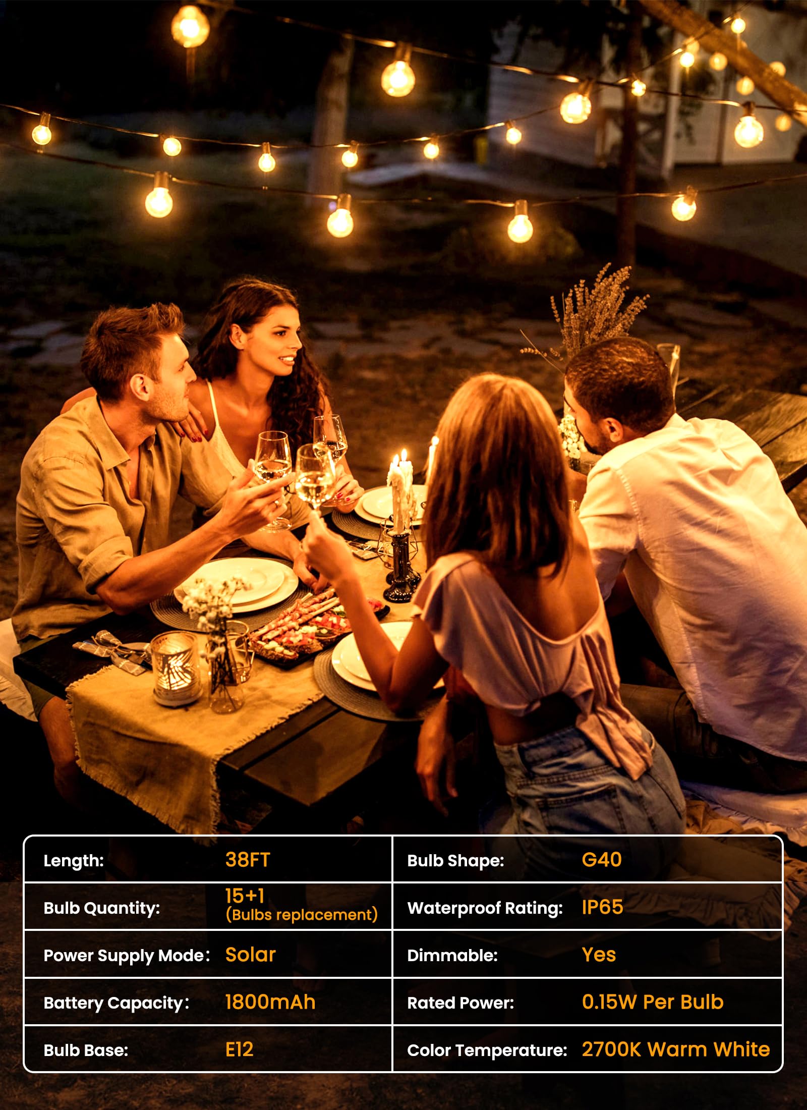 Brightown Solar String Lights 38FT with Remote, 16 Shatterproof Bulbs, Dimmable, 3 Light Modes, Black, Model GY-S-C15