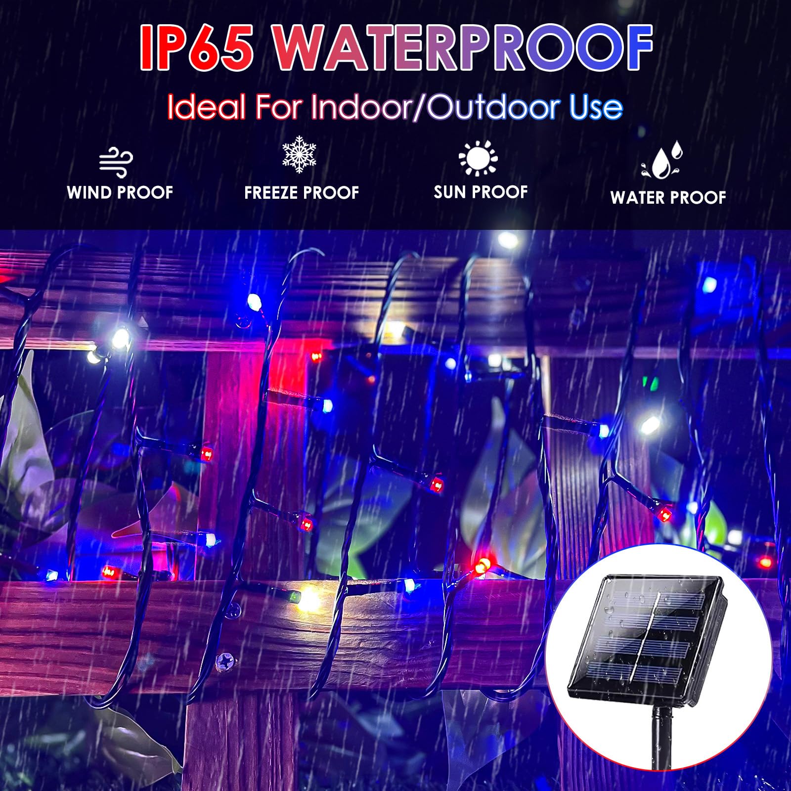 EXF 4pk Solar String Lights - 400LED 132FT Red White Blue Waterproof Fairy Lights for 4th of July Decorations