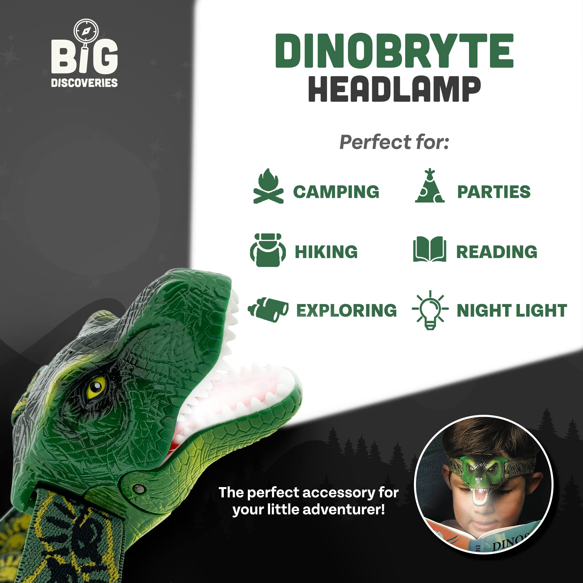 Sun Company DinoBryte LED Headlamp - Roaring T-Rex, Green, Model 660, Synthetic Material, Kids Toy Flashlight