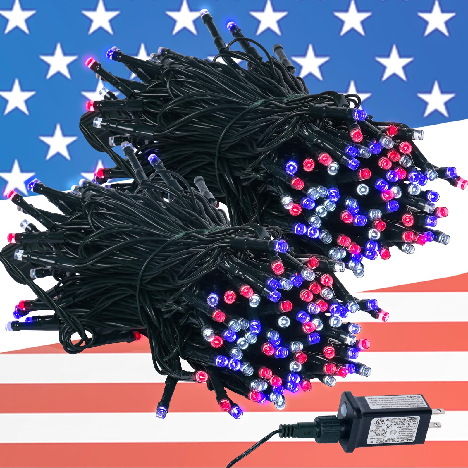 Kwaiffeo 4th of July Decorations Outdoor, 100FT 300LED Red White and Blue String Lights for Independence National Memorial Day, 
