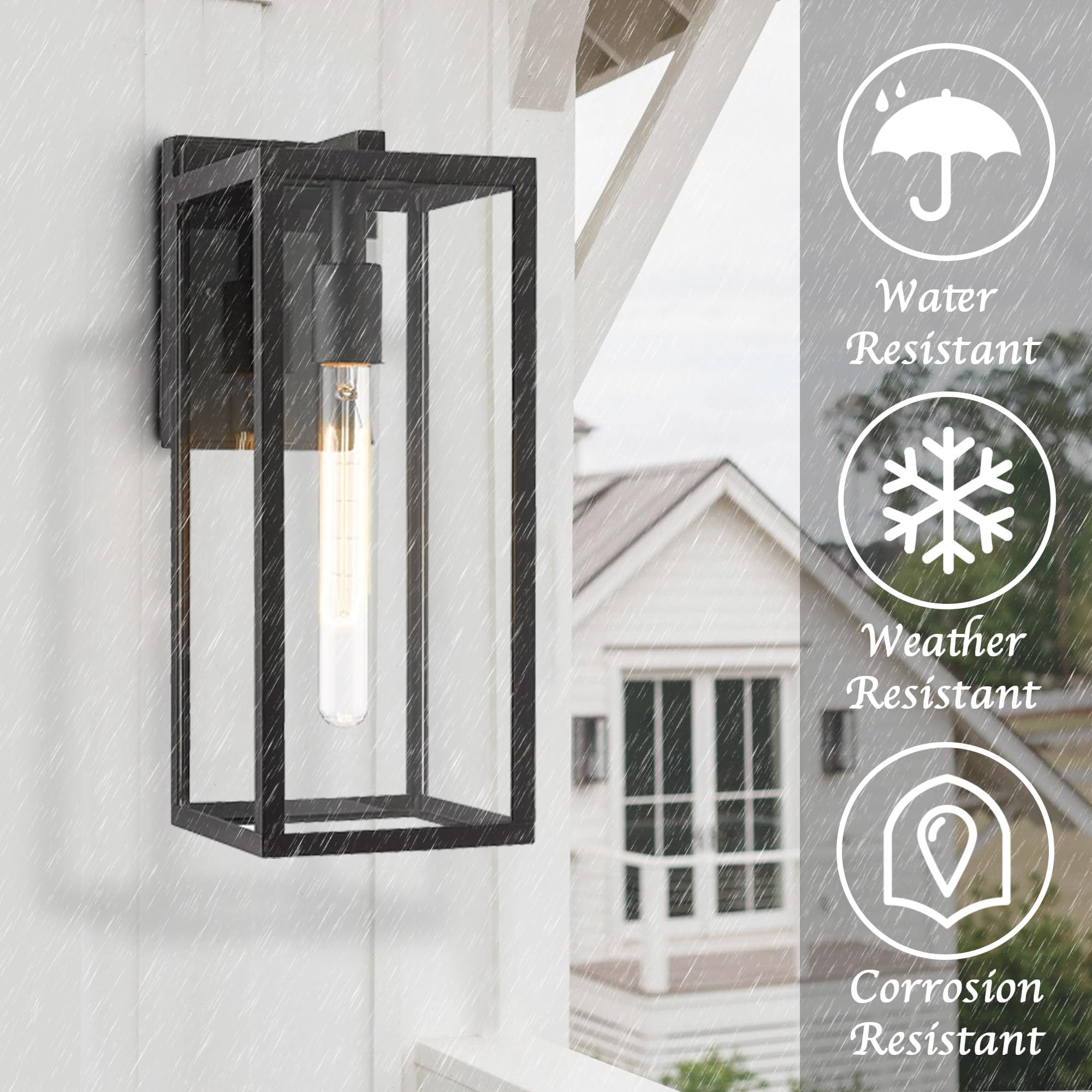 Bestshared Outdoor Wall Lantern, 15" Black Metal Sconce Light, Clear Glass, 2 Pack, Model 4176