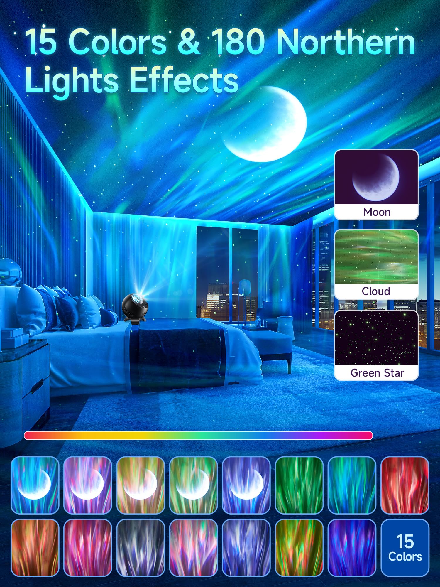 Staryou Northern Lights Projector - 300+ Colors, 5 Films, Bluetooth, Black, Model WH-E12A, Ideal for Kids' Bedrooms