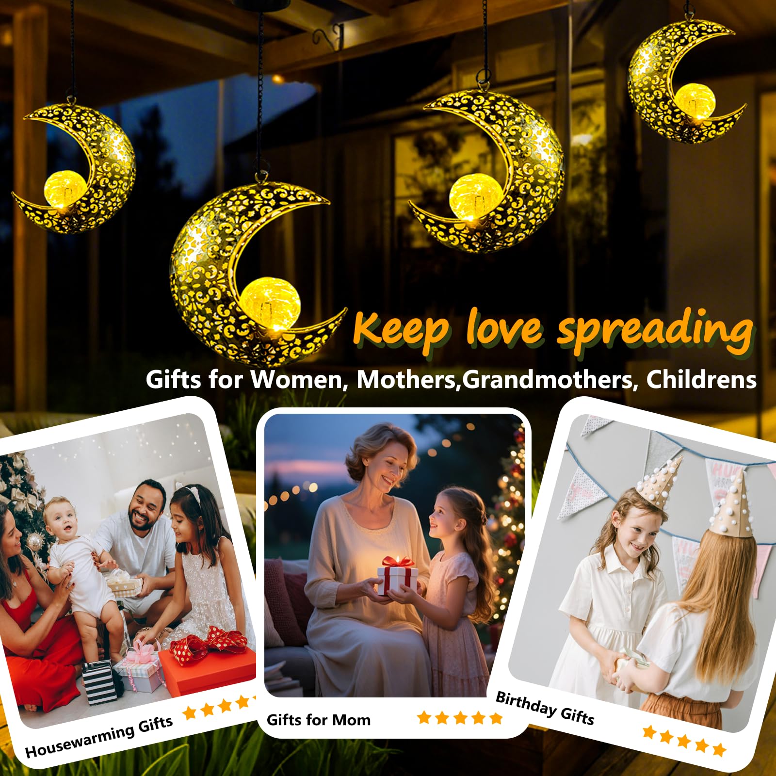 Qcf Solar Garden Hanging Moon Lights Outdoor Decor 2 Pack Metal Lanterns Art Decorations For Outside Yard Lawn Patio Wall Fences Driveway Trail Unique Housewarming Gardening Gifts For Women Mom