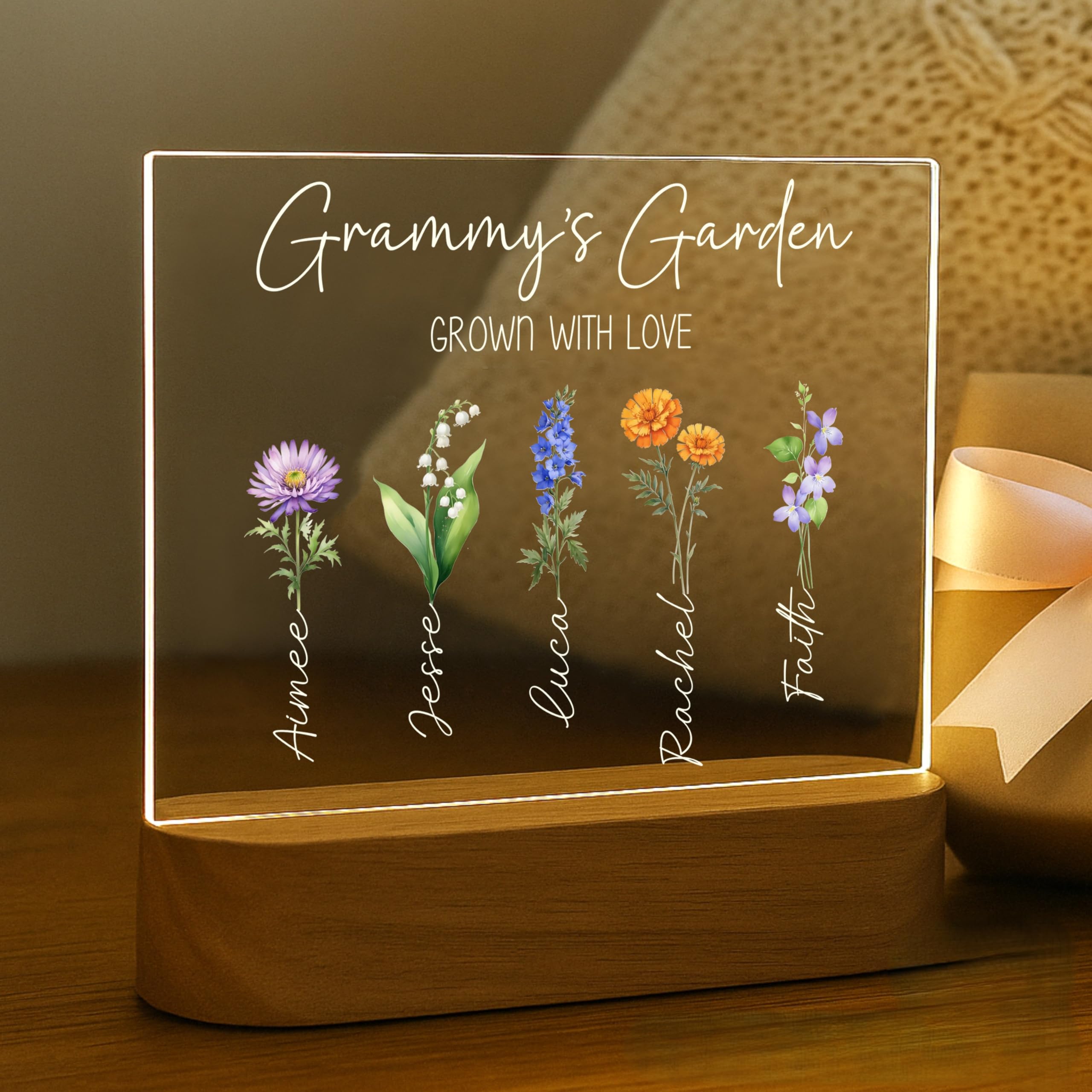 Grandmas Garden LED Night Light | Personalized Mothers Day Gifts for Mom | Customizable Lamp, Birth Month Flower Decor with 5 Na
