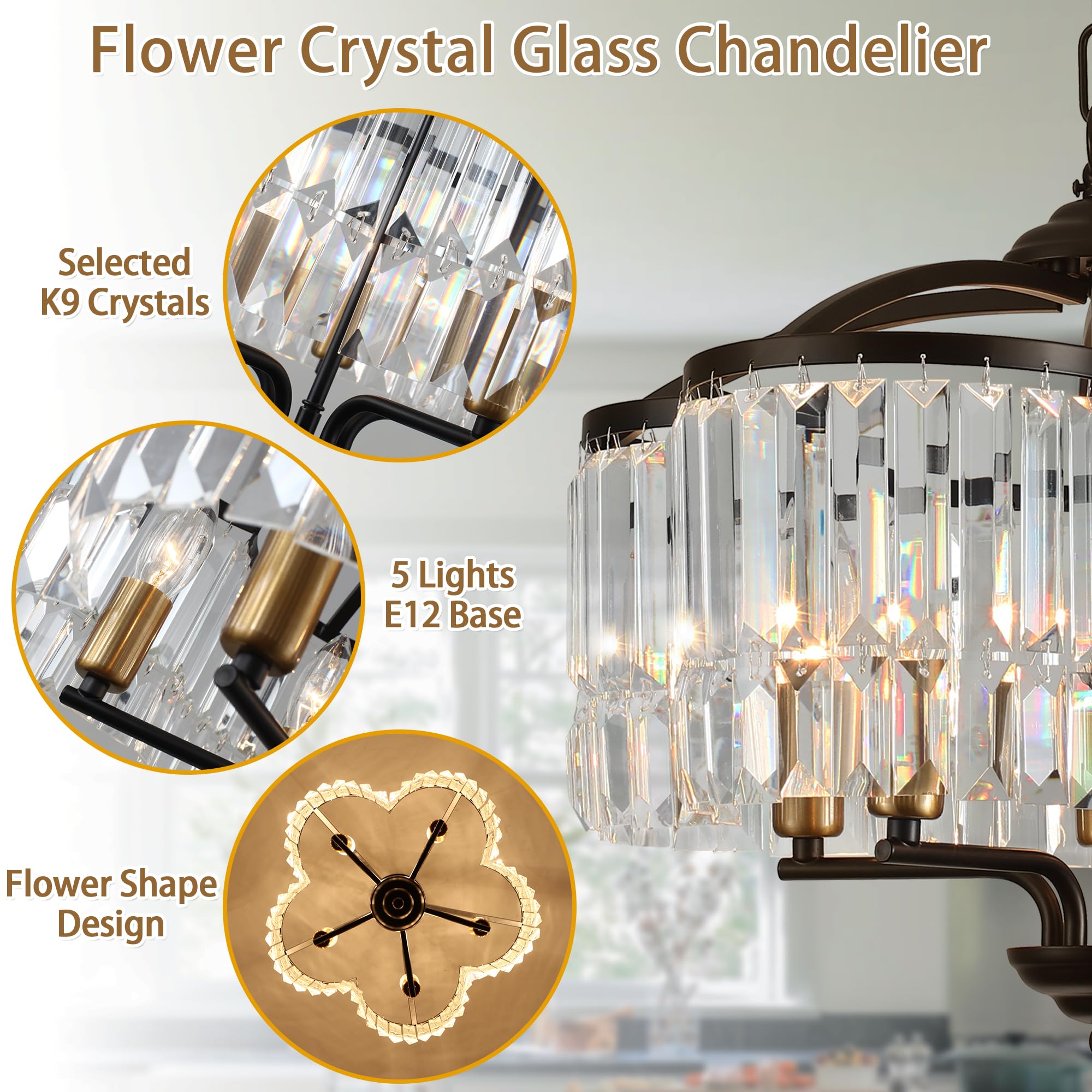 Yidelloc Modern Crystal Chandelier - 5-Light Black Pendant Light Fixture for Dining Room, Foyer, Kitchen - Adjustable K9 Crystal