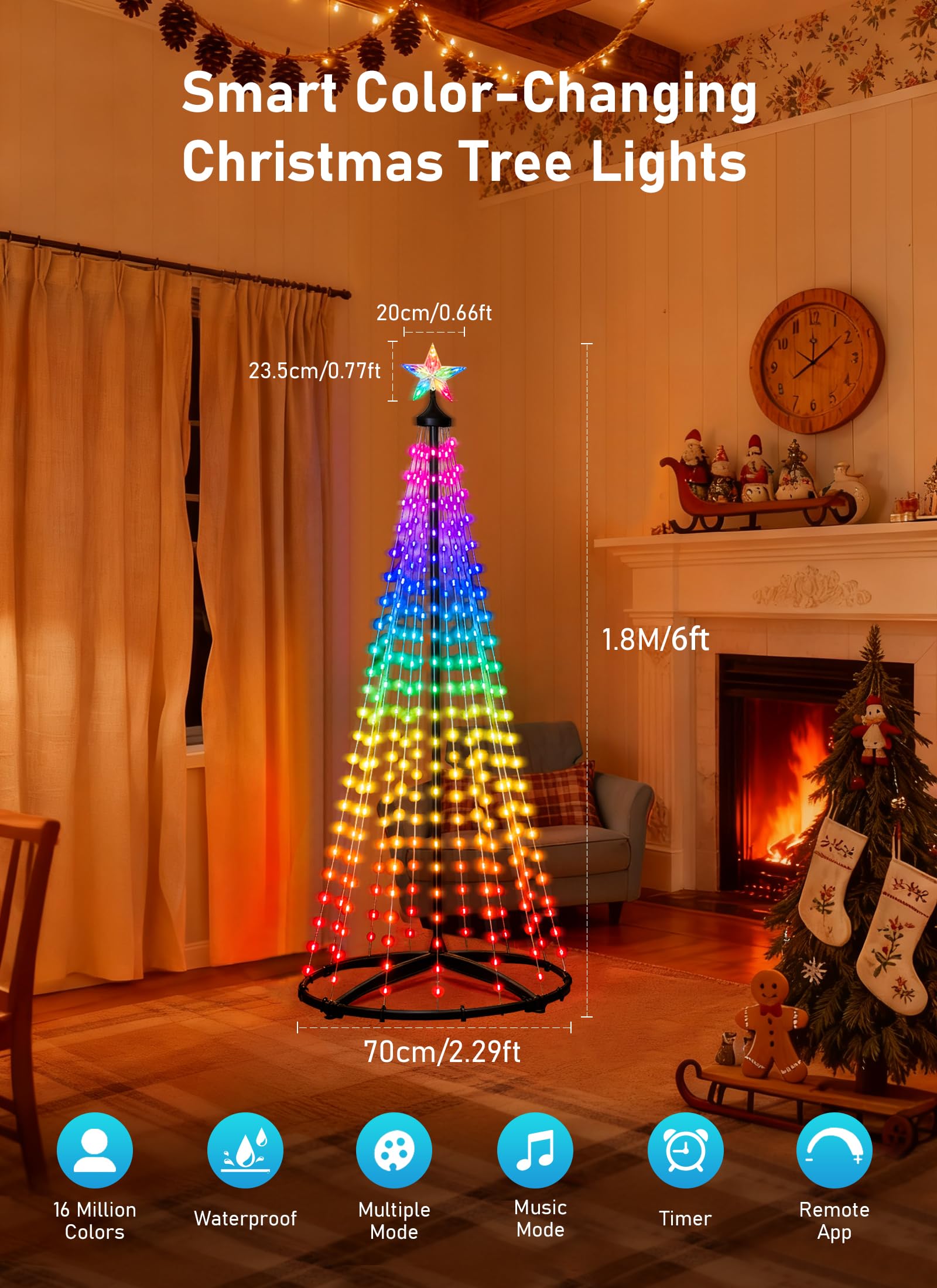 Ahawill 6Ft Christmas Cone Tree Smart Rgb Led Lights With App & Remote Control Music-Synced And Diy Multicolor String Lights Indoor & Outdoor Waterproof Christmas Decoration Lights For House