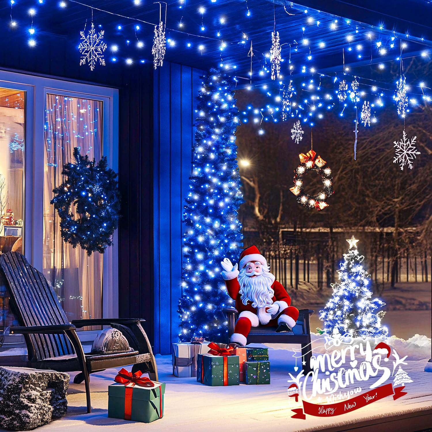 POTIVE LED Outdoor String Lights - 66ft, 200 LED, Blue and White, 8 Modes, Waterproof Christmas Fairy Lights for Party, Wedding, Patio