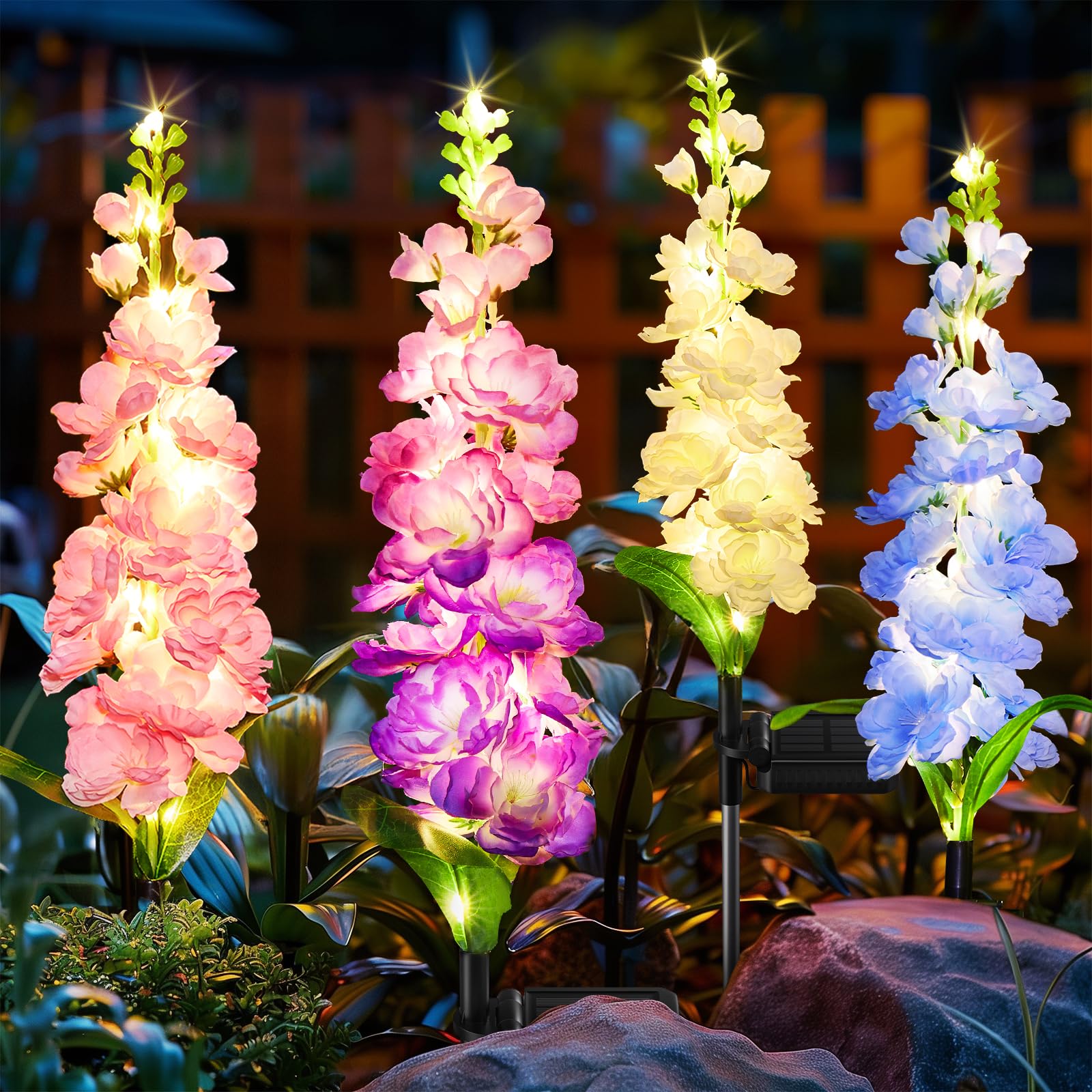 Kooper 4 Pack Solar Garden Lights, Upgraded Delphinium Design, Waterproof Outdoor Decor