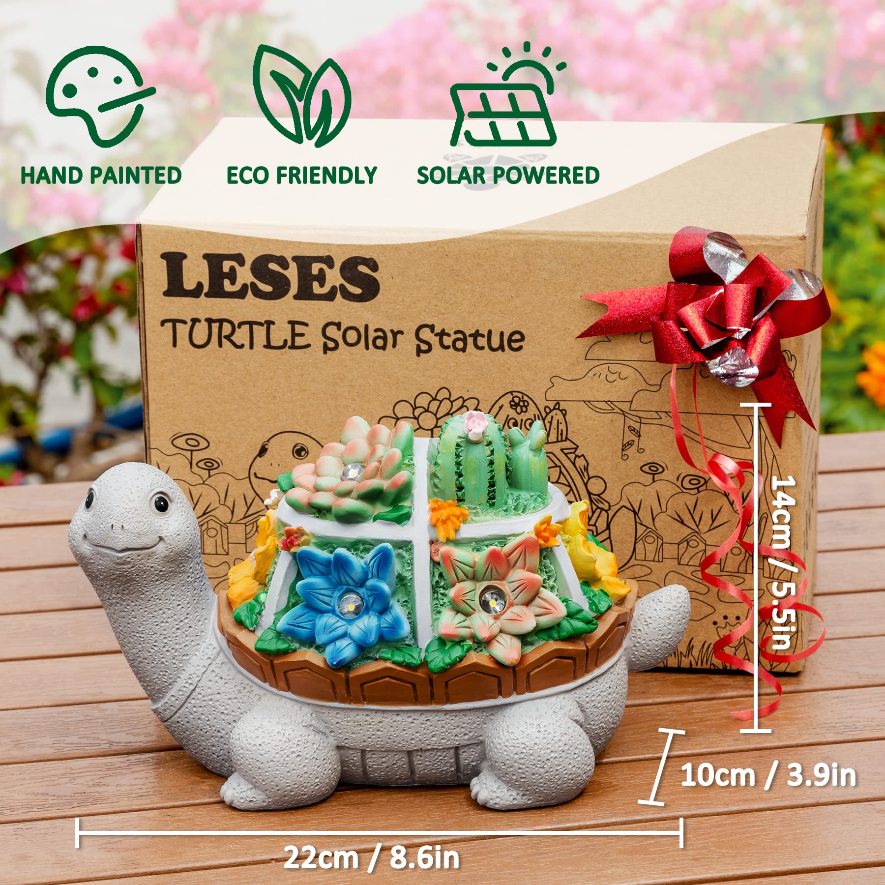 Garden Statues, Turtle Solar Garden Outdoor Statues Lawn Ornaments with Cactus & LED Lights, Tortoise Figurines Outdoor Clearanc