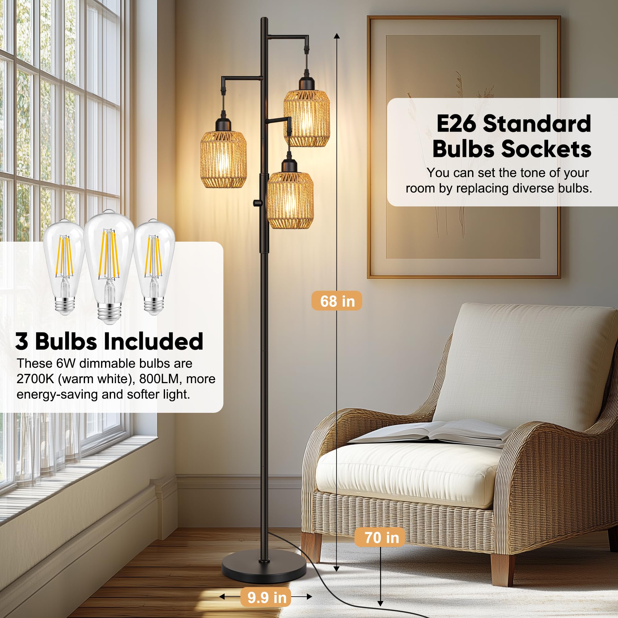 ROTTOGOON Dimmable Floor Lamp - 3 Light Rattan Design, 68in, Black/Brown Shades, Model ROFP107AB1