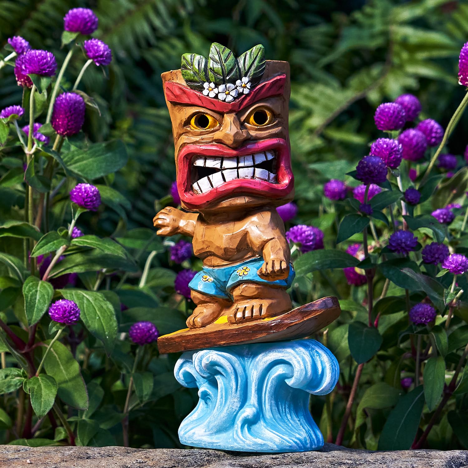 Yiosax Solar Tiki Statue Outdoor Decor-Tiki Bar Decor-Garden Tiki Surfing Statues Waterproof Decoration Figurine For Tiki Bar,Patio,Balcony,Yard,Lawn,Table,9.92 Inches Tall