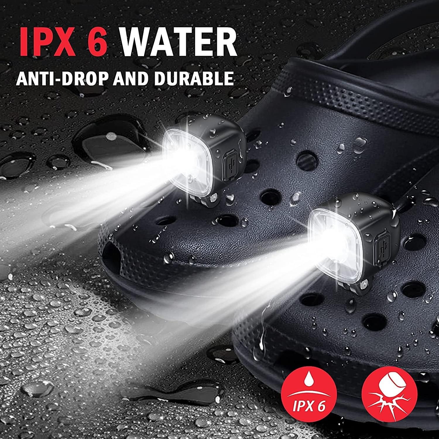 HalfofLife Rechargeable Headlights, Black LED Flashlight for Shoes, 2 PCS, Outdoor Waterproof, IPX6, 3 Light Modes, Model HOL-BDXD-2PCS-B