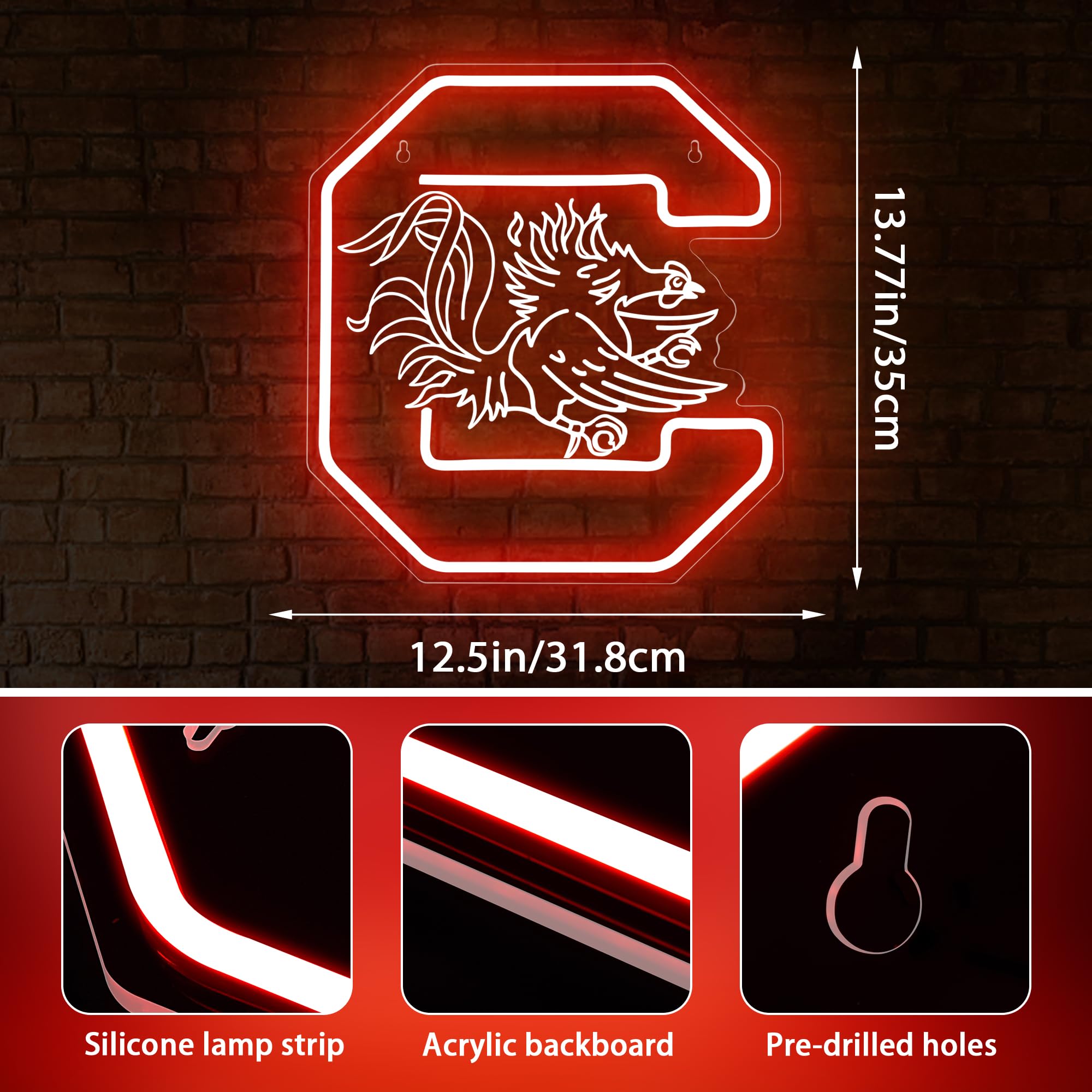 LALAON LED Neon Sign for Wall Decor - University Model ZKXD10011, 12.52"x13.78", Red Gamecock, Great for Dorms, Bars, and Parties