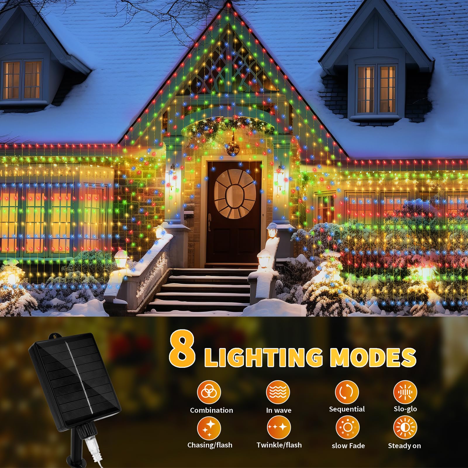 32.8 * 6.56FT Large Size Solar Curtain Lights Outdoor, 8 Modes Outdoor Solar String Icicle Lights, Solar Garden Christmas Lights