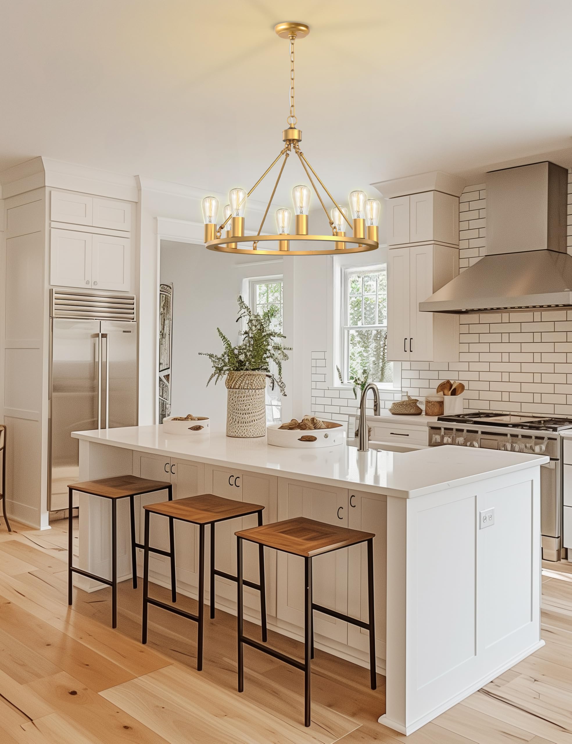 L LOHAS LED Gold Farmhouse Chandelier, 8-Light, 24" Adjustable Metal Fixture for Dining Room and Kitchen Island
